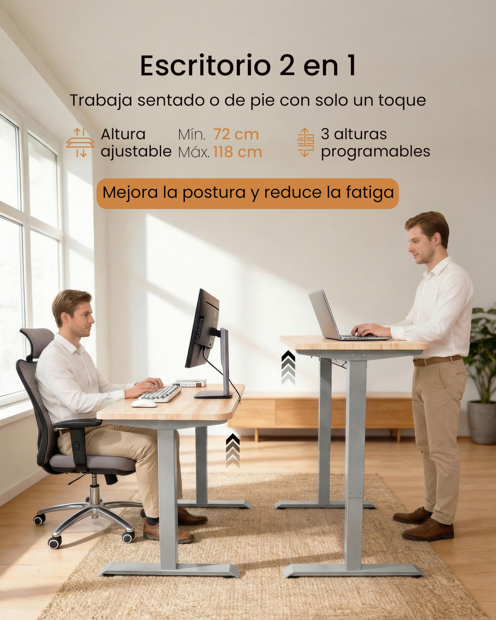unycos - Escritorio Elevable Eléctrico con Tablero y Puertos USB 3.0, Mesa con Opciones de Altura, Doble Motor, Función Memoria/Anticolisión, 120 * 80 * 2.5cm (Gris/Madera, Core Dual)