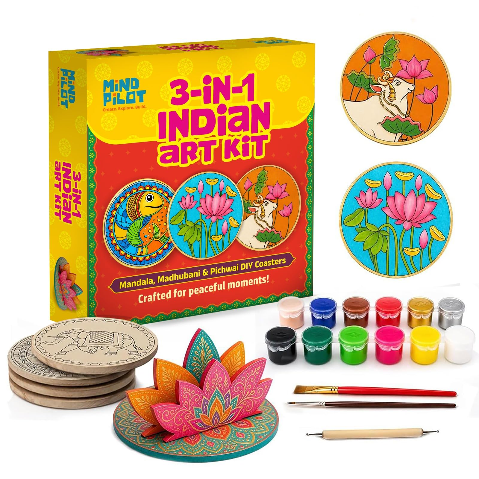 Mind Pilot Art & Craft Kit for Kids & Adults | 3-in-1 Indian Painting Kit | Mandala, Madhubani & Pichwai | 6 Pre-Marked Wooden Coasters | 12 Colours | DIY Gift Set | Ages 8+-image-49