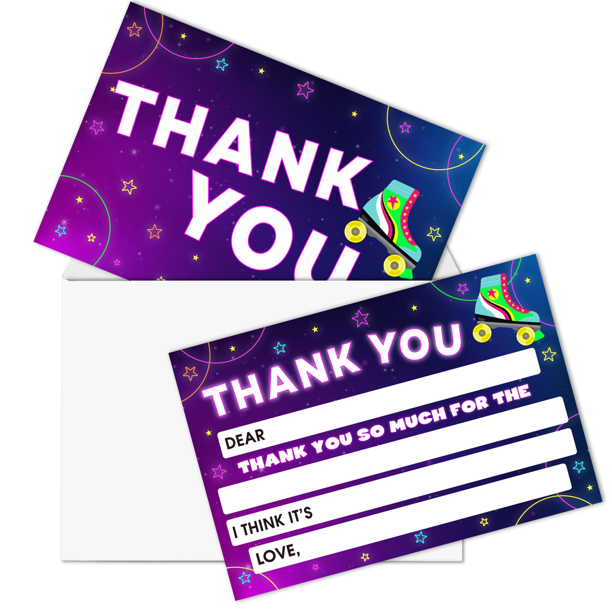 FTRZX Roller Skating Kids Thank You Cards, Ice SkatingThank You Card For Neon Glow Birthday Party, Kids Birthday Cards Fill In The Blank, 20 Pack