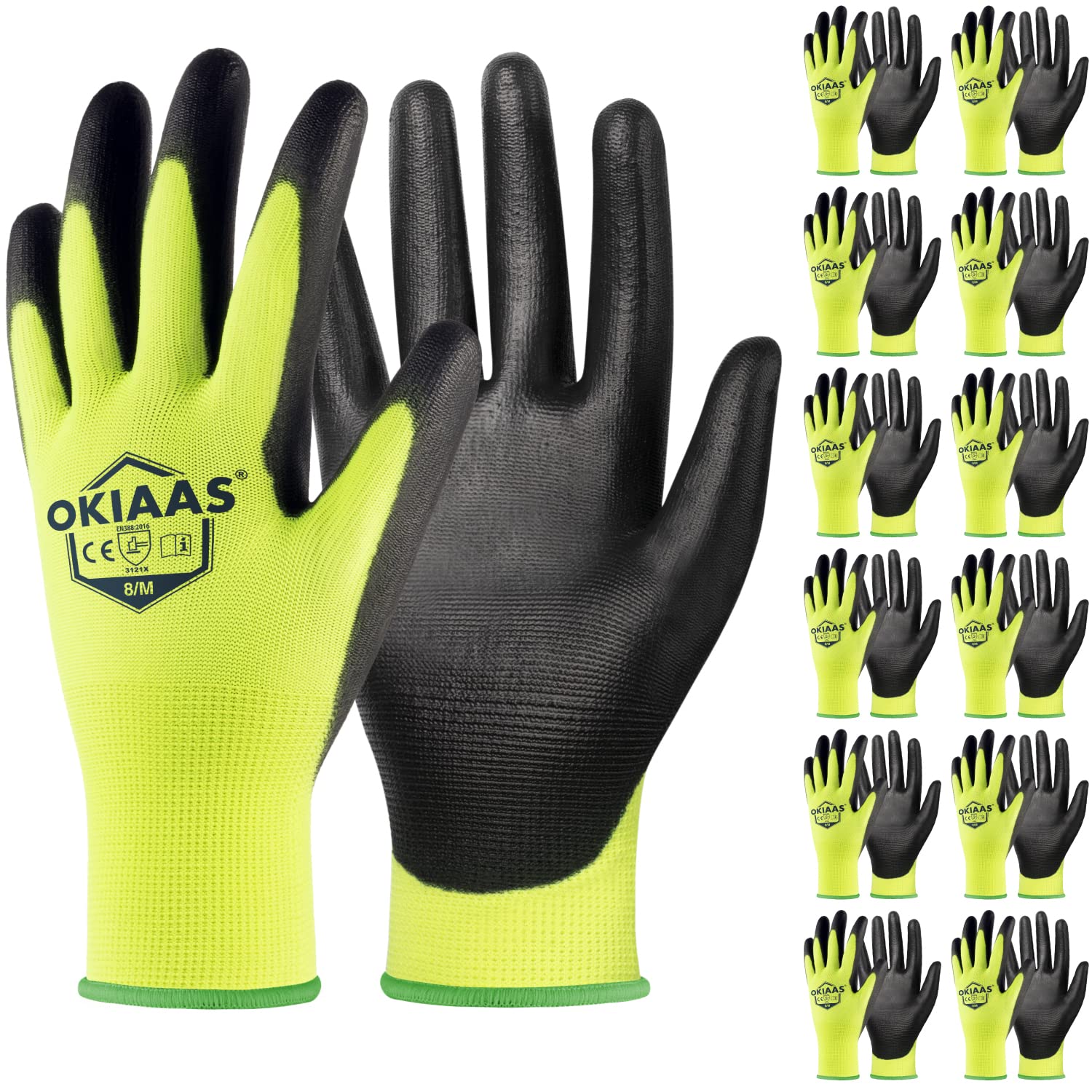 OKIAAS Work Gloves for Men Ultra Thin and Lightweight with Grip 12 Pairs Bulk Pack Construction Gloves with