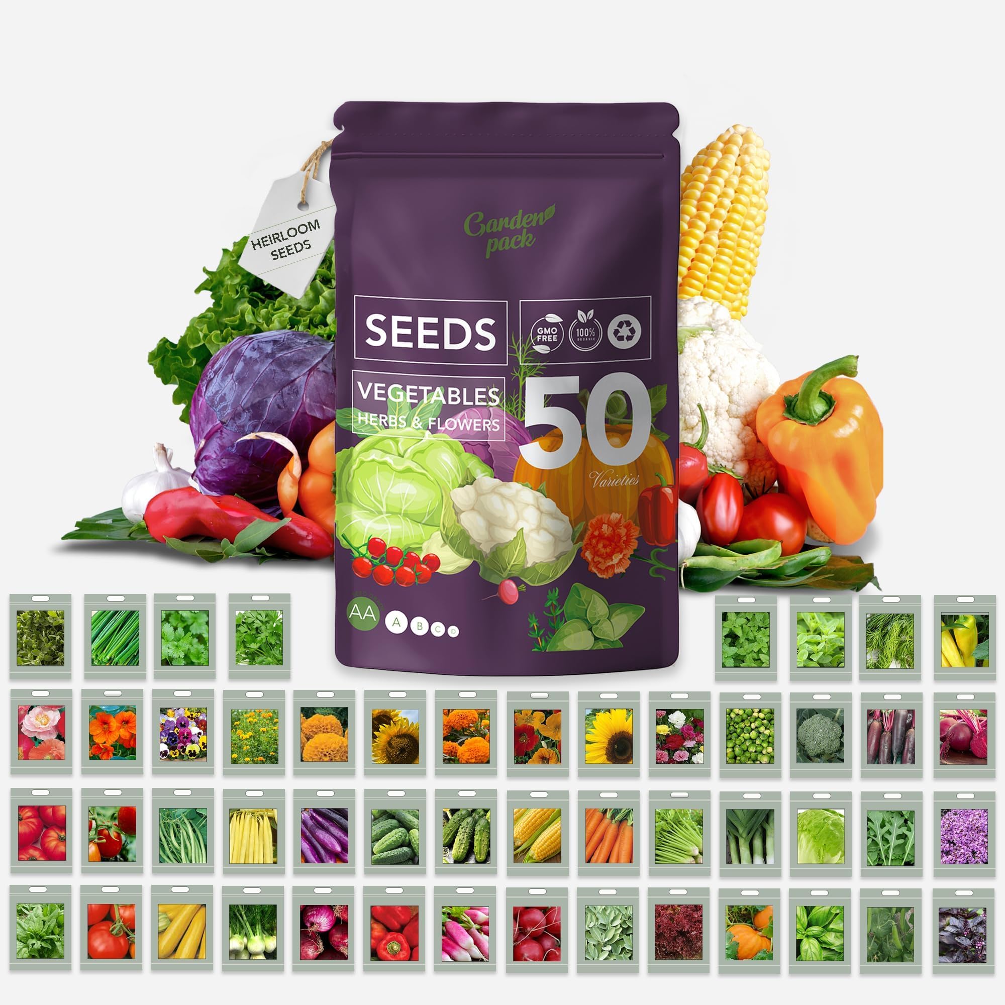 Garden Pack Vegetable Seeds Pouch - 50 Varieties of Vegetable, Herb & Flower Seeds for Planting - 25,000 Non GMO Heirloom Seeds - Gardening Gifts for Men and Women