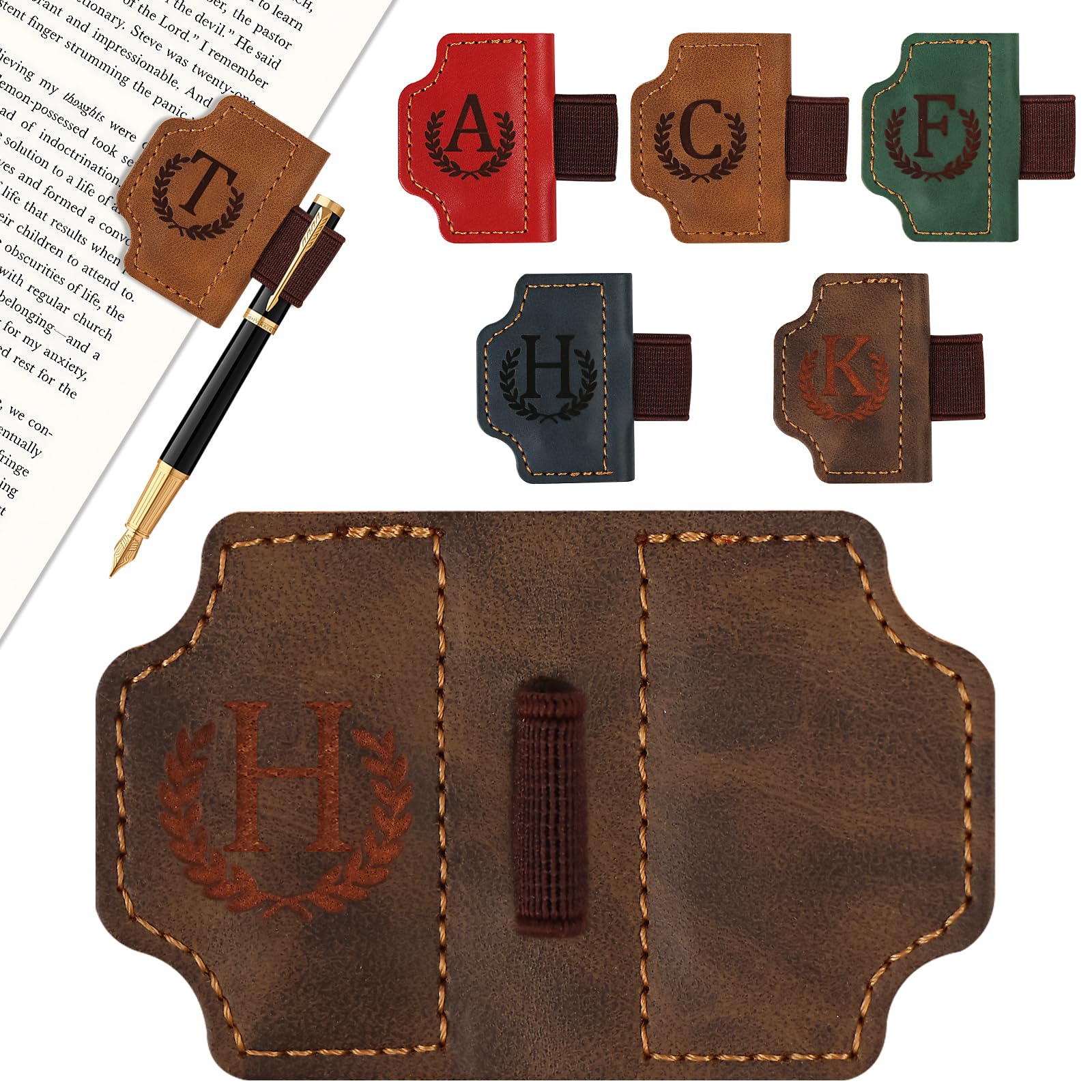 LACGO Vintage Leather Bookmark,Magnetic Book Mark with Pen Holder,Personalised Book Gift with Letter, Classic Stitched Leather Bookmark,Gift for Christmas,Birthday (Coffee, H)