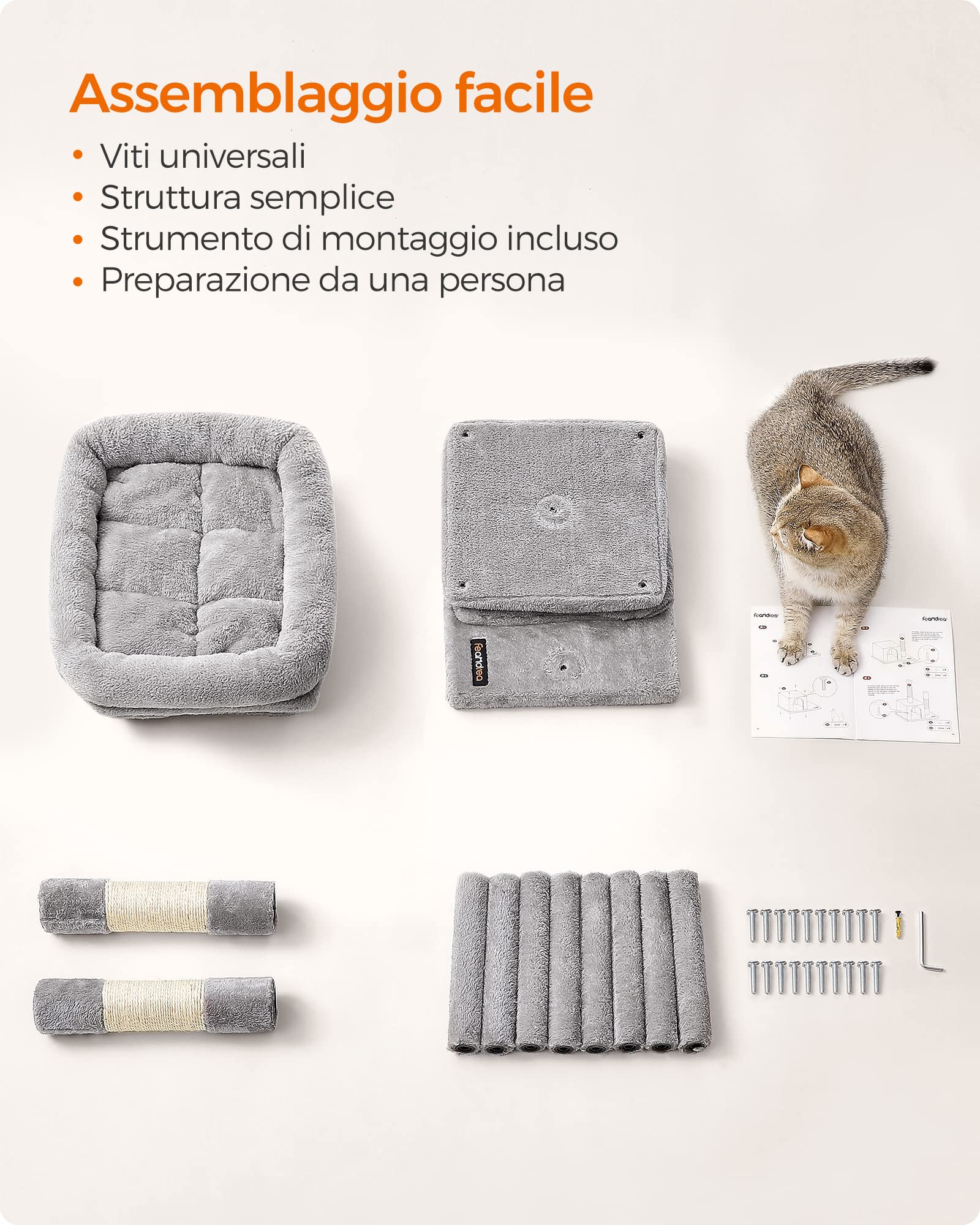 Feandrea Albero per Gatti, 67 cm, Tiragraffi, S, Condominio per Gattini Fino a 3 kg, Ampio Posatoio, 2 Grotte, Graffiatoio, Grigio Chiaro PCT611W01