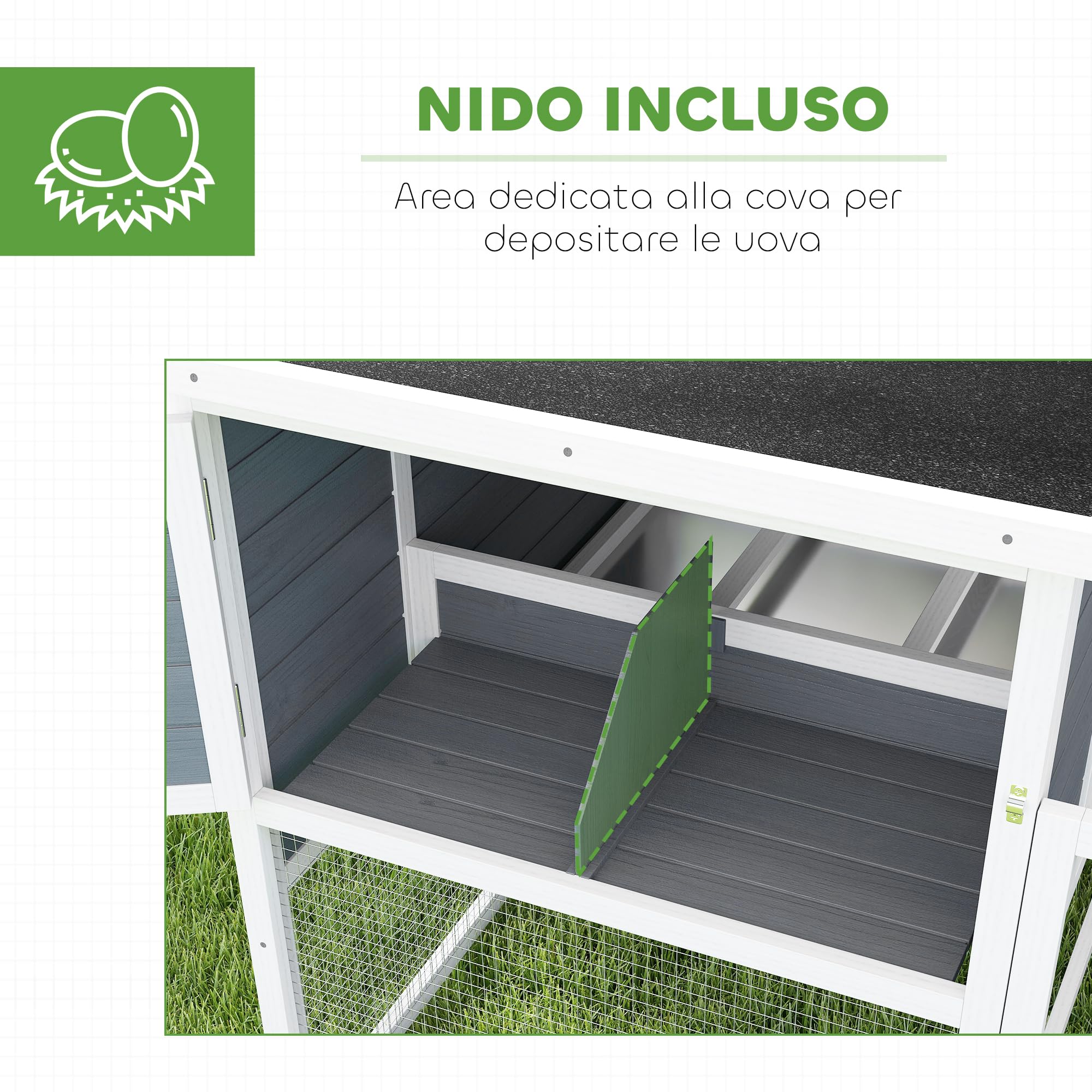 PawHut Pollaio per Galline Ovaiole Esterno con Casetta, Nido per Cova, Tetto Impermeabile Apribile, Vassoio Estraibile, Porte, Gabbia Recinto per 2-4 Galline Conigli in Legno, 214x101x91.5cm, Grigio