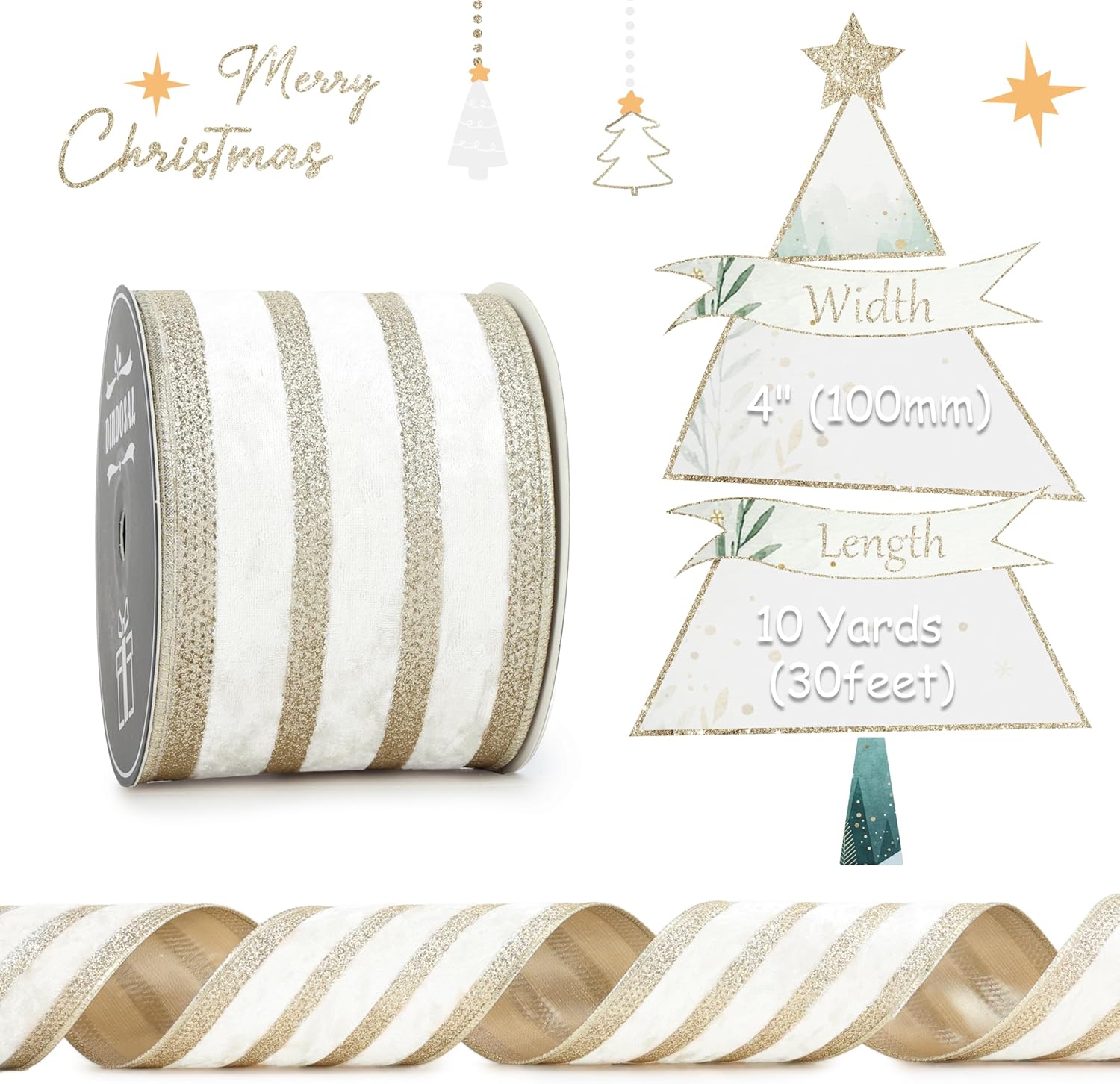 Ivory Velvet Wired Ribbon with Champagne Glitter Stripe 4 Inch Crushed Velvet Christmas Ribbon, 10 Yards for Gift Wrapping, Crafts, Christmas Tree Decorations, Wreath Supplies, Garlands