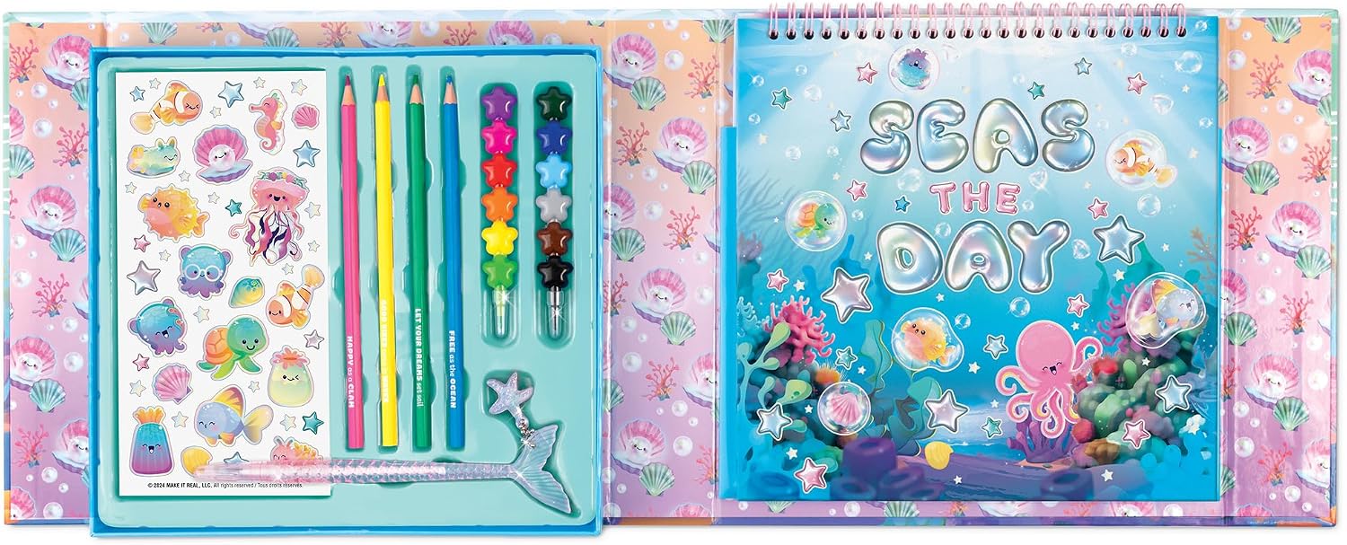 3C4G: Seas The Day! Aquatic Artist Drawing Set - 20pc Make Your Own Waves Ocean Themed Kit, Magnetic Closing Box, Full-Sized Sketchbook, Girls Kids 8+