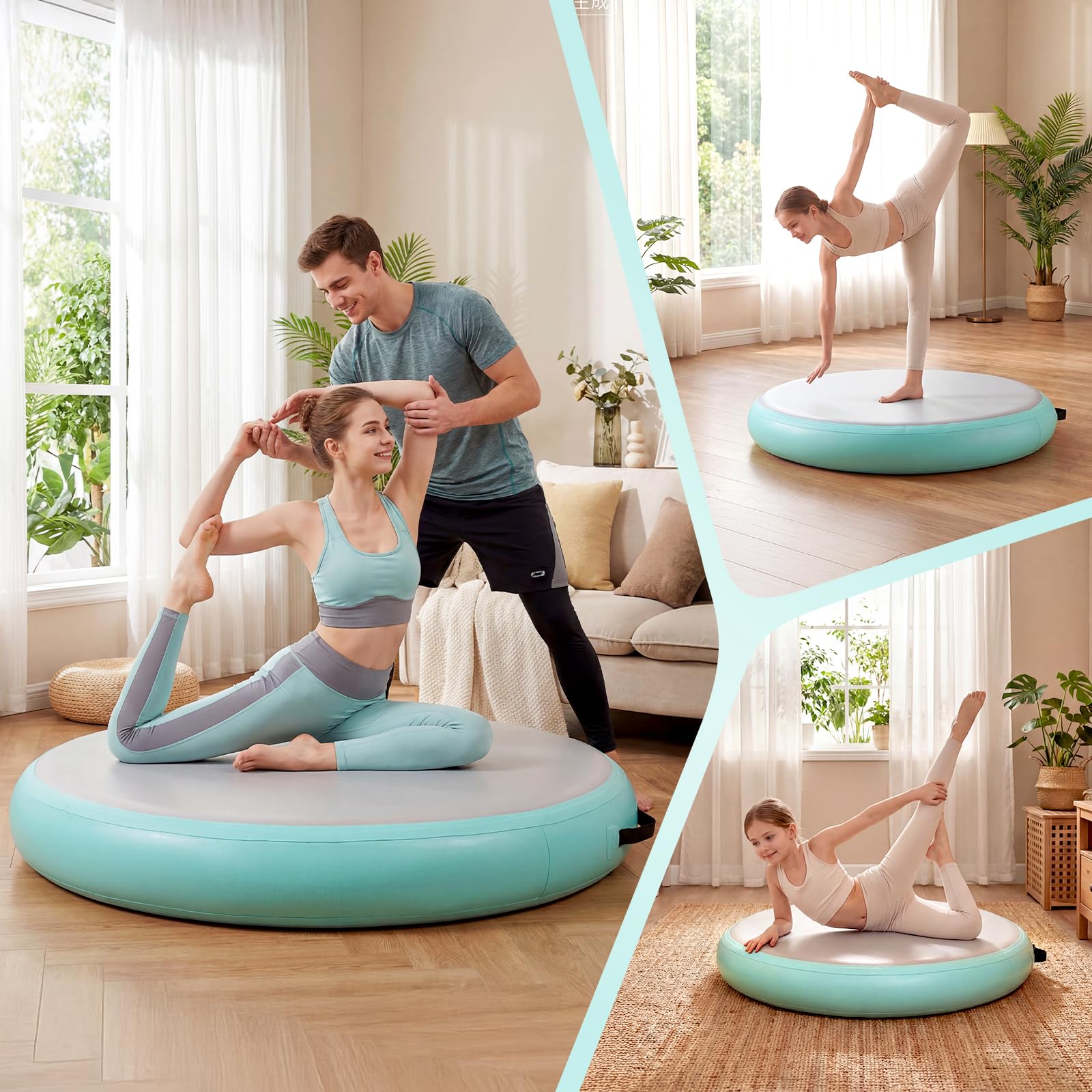 Colchoneta hinchable redonda, 90/100 cm, rollo de aire para gimnasia, material de PVC con 15 cm de grosor, incluye bomba de aire eléctrica