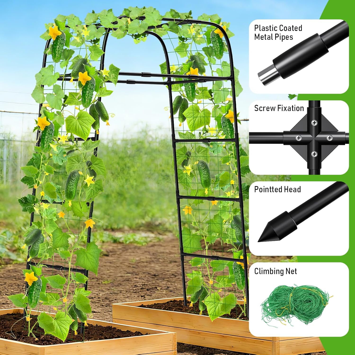 7ft Garden Arch Trellis for Climbing Plants Outdoor-Heavy Duty Metal Cucumber Trellis for Raised Beds- Tall Steel Vegetable Arbor for Climbing Vine Fruit Flower Yard Lawn Arch Tunnel Trellis