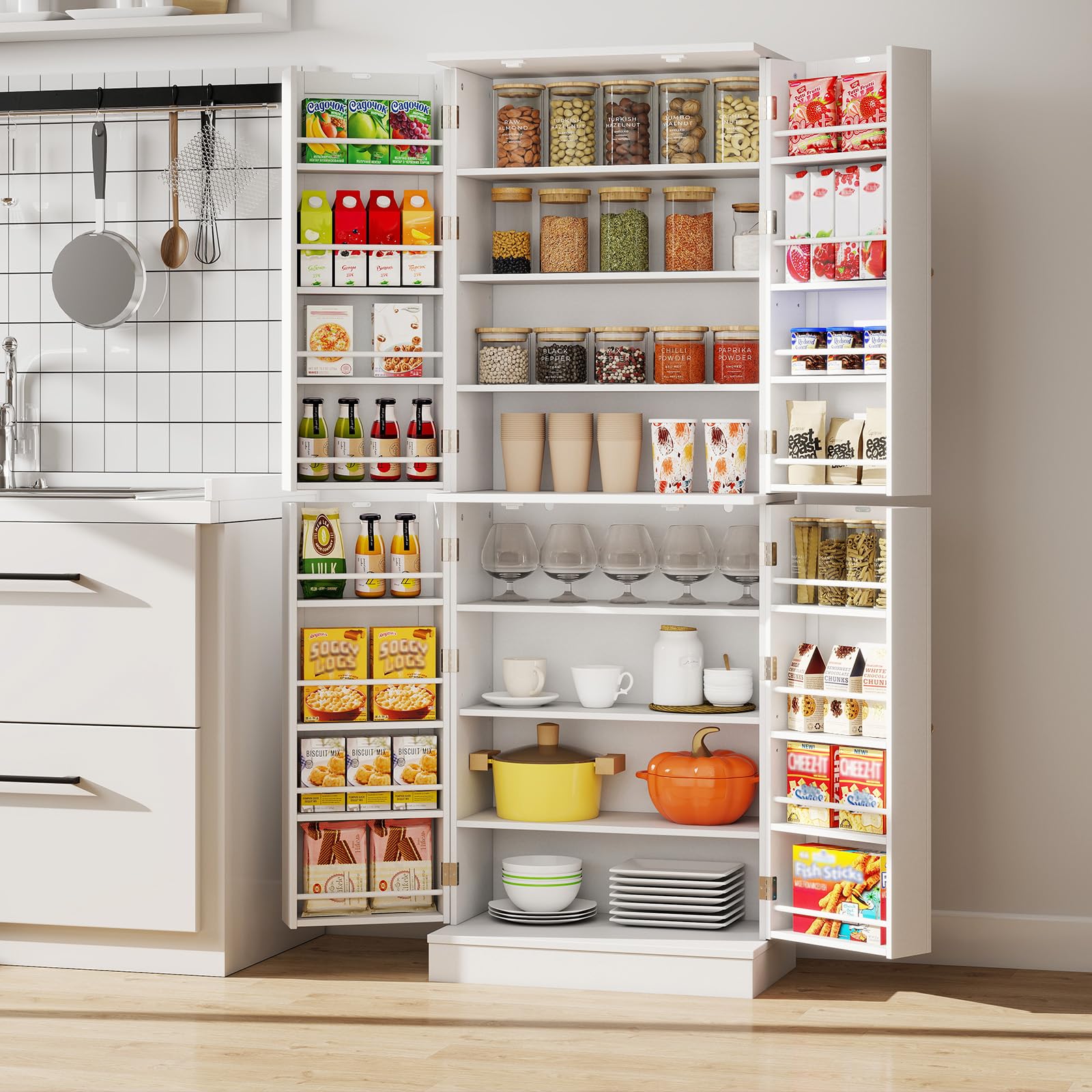 KOMFOTTEU Aparador de Cocina con 4 Puertas, Armario Despensa de 8 Niveles con Estantes Ajustables, Mueble de Almacenamiento con Kit Antivuelco para Sala de Estar, Comedor, 60 x 35 x 166,5 cm