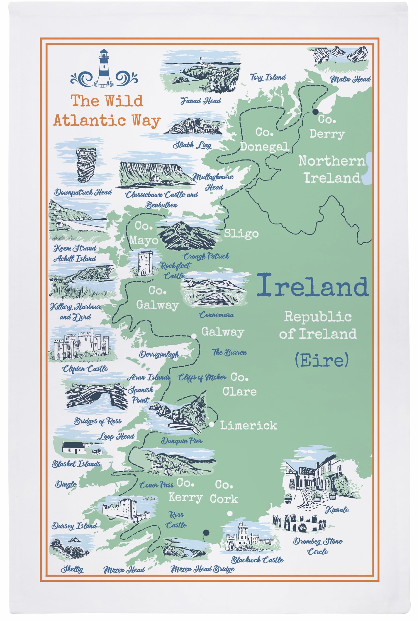 Ulster Weavers Green Irish Wild Atlantic Way Tea Towels (74 X 48Cm), 100% Cotton, Kitchen Towel/Cloth, Dish Cloths, Ireland Map, Ireland Souvenirs