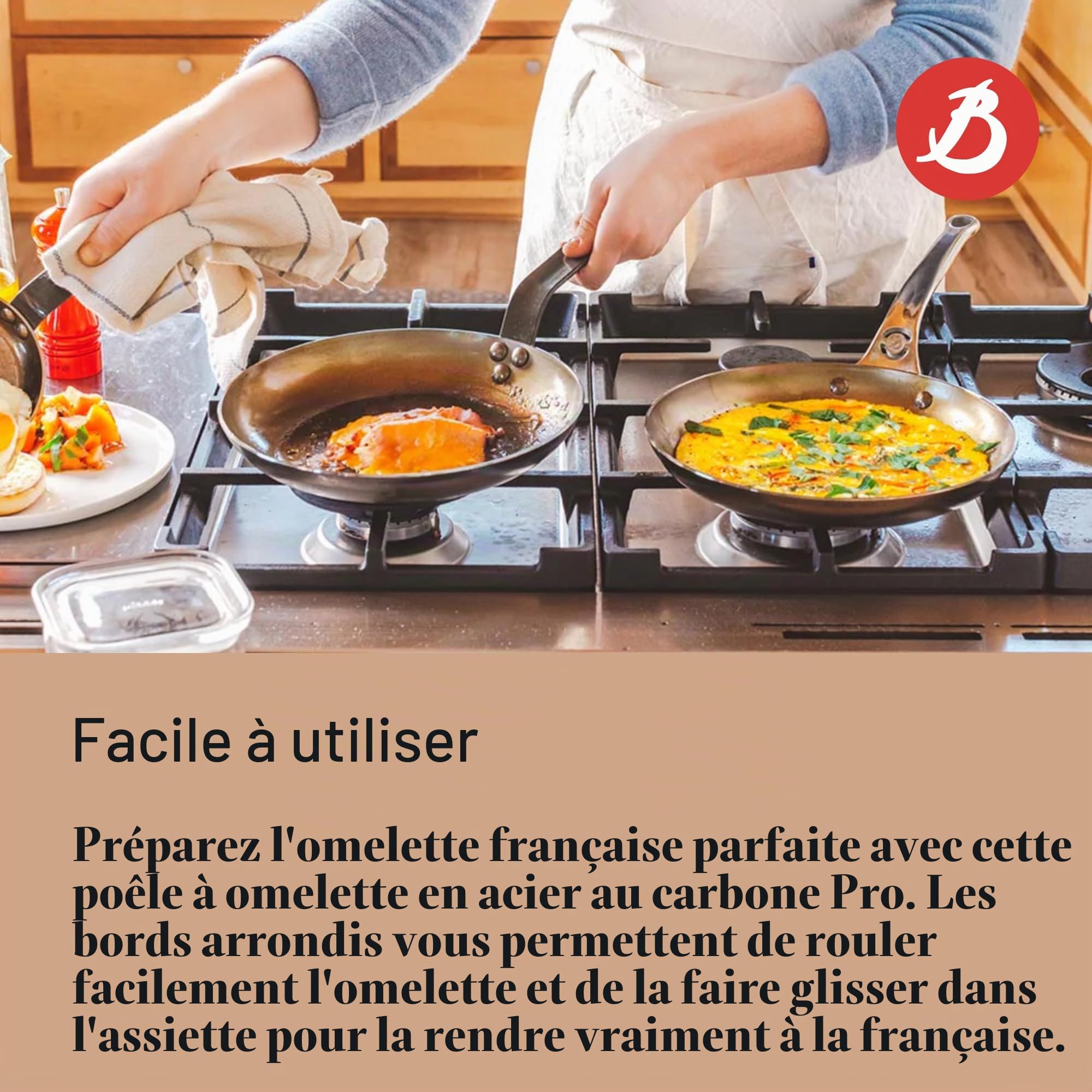 De Buyer Mineral B Pro Poêle à omelette Acier Carbone Ø 28 cm Naturellement Antiadhésive Fabrication Française