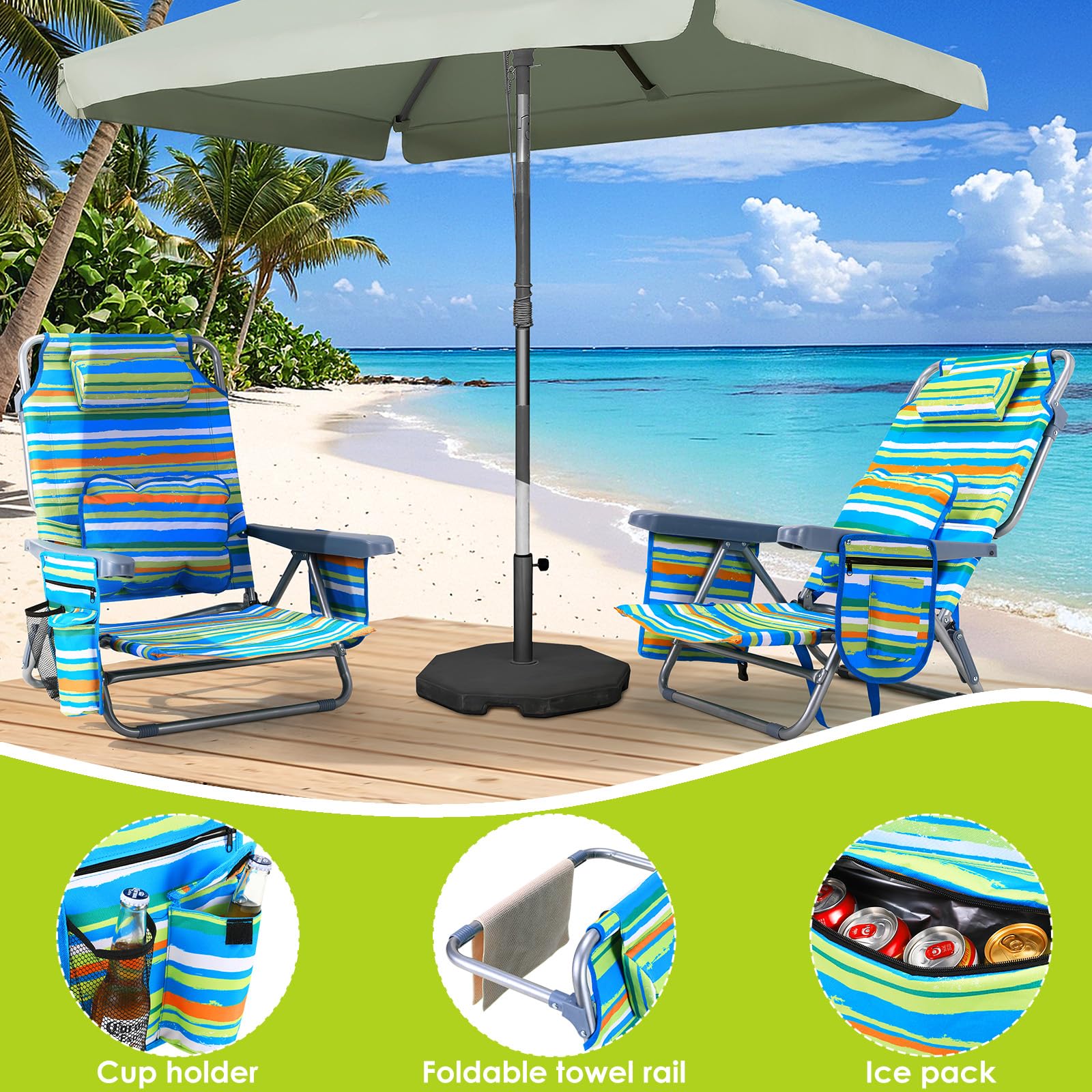LIFERUN Strandstuhl 2er Set mit Rucksackfunktion, Tragbarer Outdoor Klappstuhl für Sand, Verstellbar Hohe Rückenlehne, mit Armlehne Lendenkissen Kopfstütze Seitentaschen, Campingstuhl Faltbar, Grün