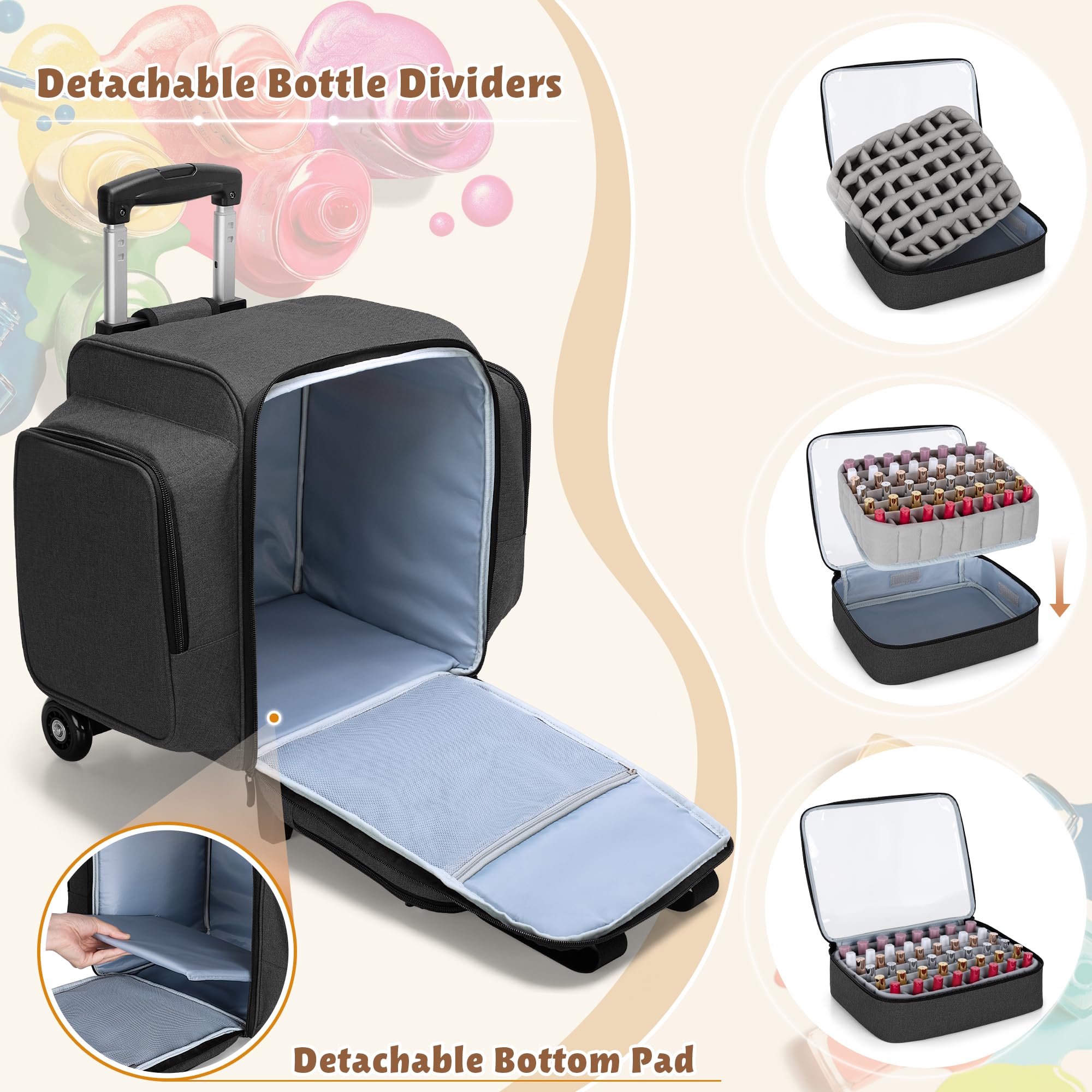 BAFASO Rolling Nail Polish Organizer Holds 144 Bottles, Nail Polish Case with a Detachable Dolly and 3 Removable Cases (Patented Design), Black