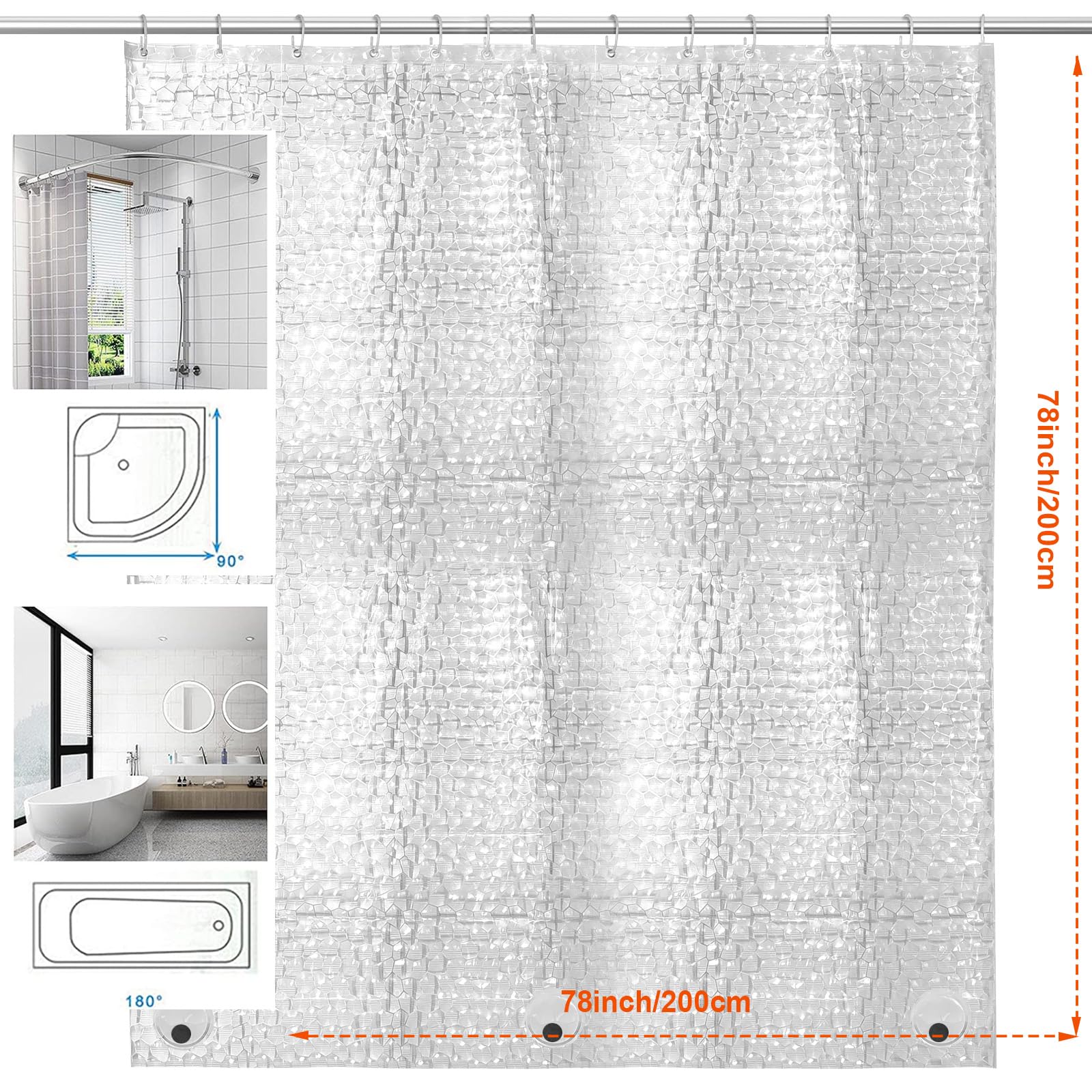 AiQInu Douchegordijn, schimmelwerend, 180 x 200 cm, EVA-douchegordijn, met ringen, 3D, transparant, waterdicht, gemakkelijk schoon te maken, voor familie, slaapzaal, hotel