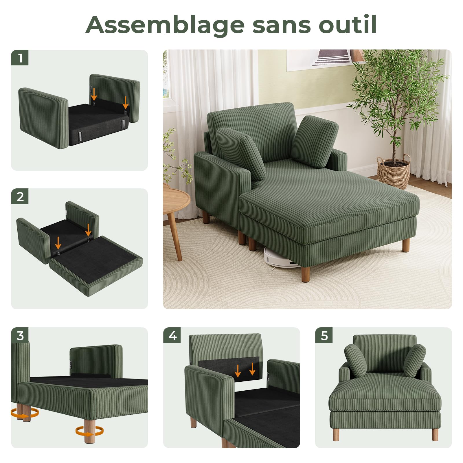 Vesgantti Canapé-Lit 1 Places en Velours Côtelé, Sofa Bed 148 x 104 x 92cm - Vert