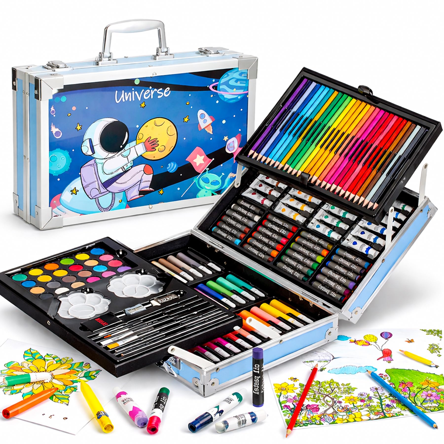 WISHKEY 145 Pieces Art Set for Kids with Space Theme Storage Case, Art and Craft Supplies Kit for Drawing and Painting with Oil Pastel, Water Color, Color Pencils, Sketch Pen (Pack of 1, Blue)-image-5