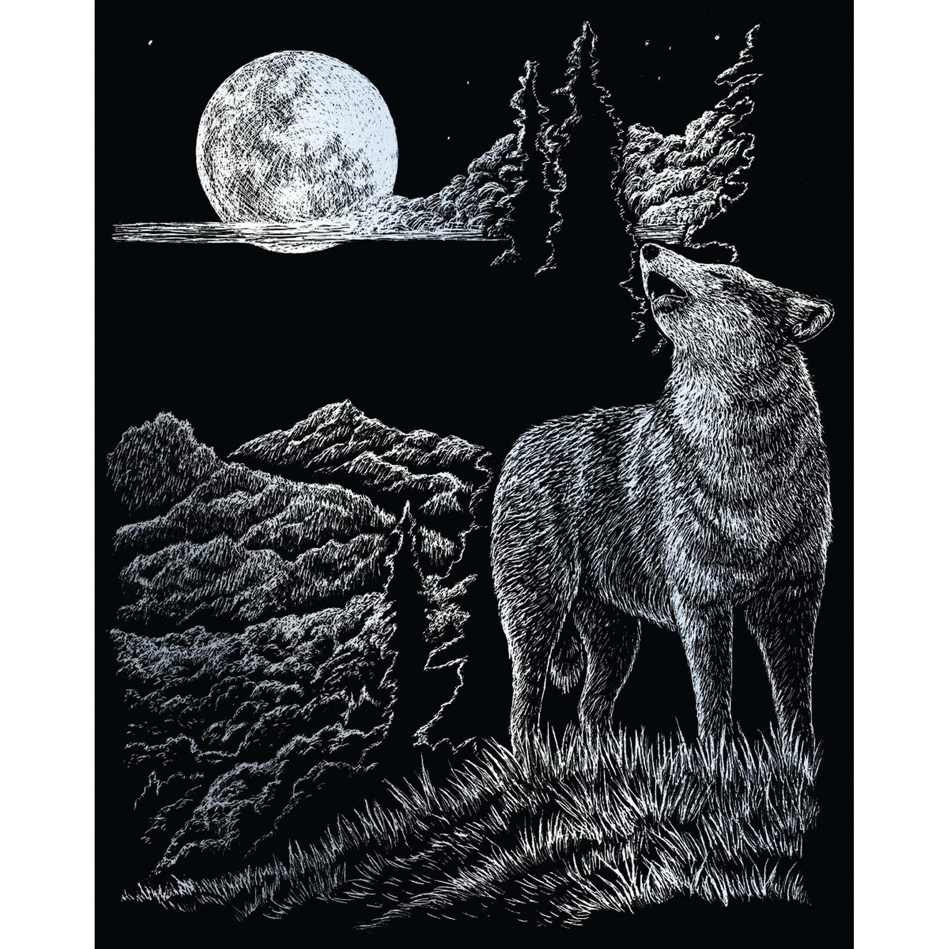 Pracht Creatives Hobby Royal & Langnickel 4674-20091 Wolf & Moon Scratching Picture Silver for Children and Adults with Scratch Pen and Template