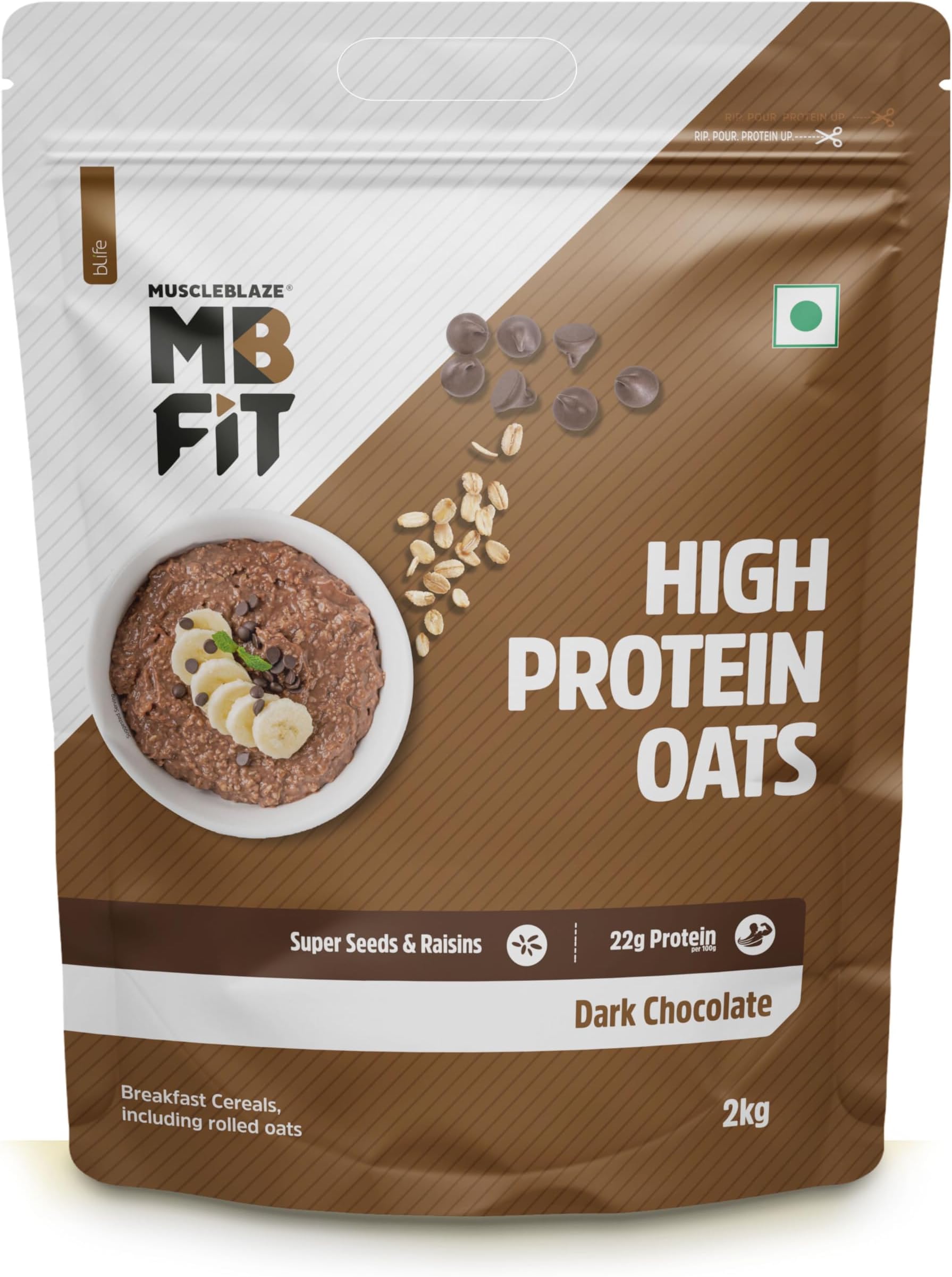 Fit High Protein Oats (Dark Chocolate, 2kg) | 22g Protein | Breakfast Cereals for Weight Management