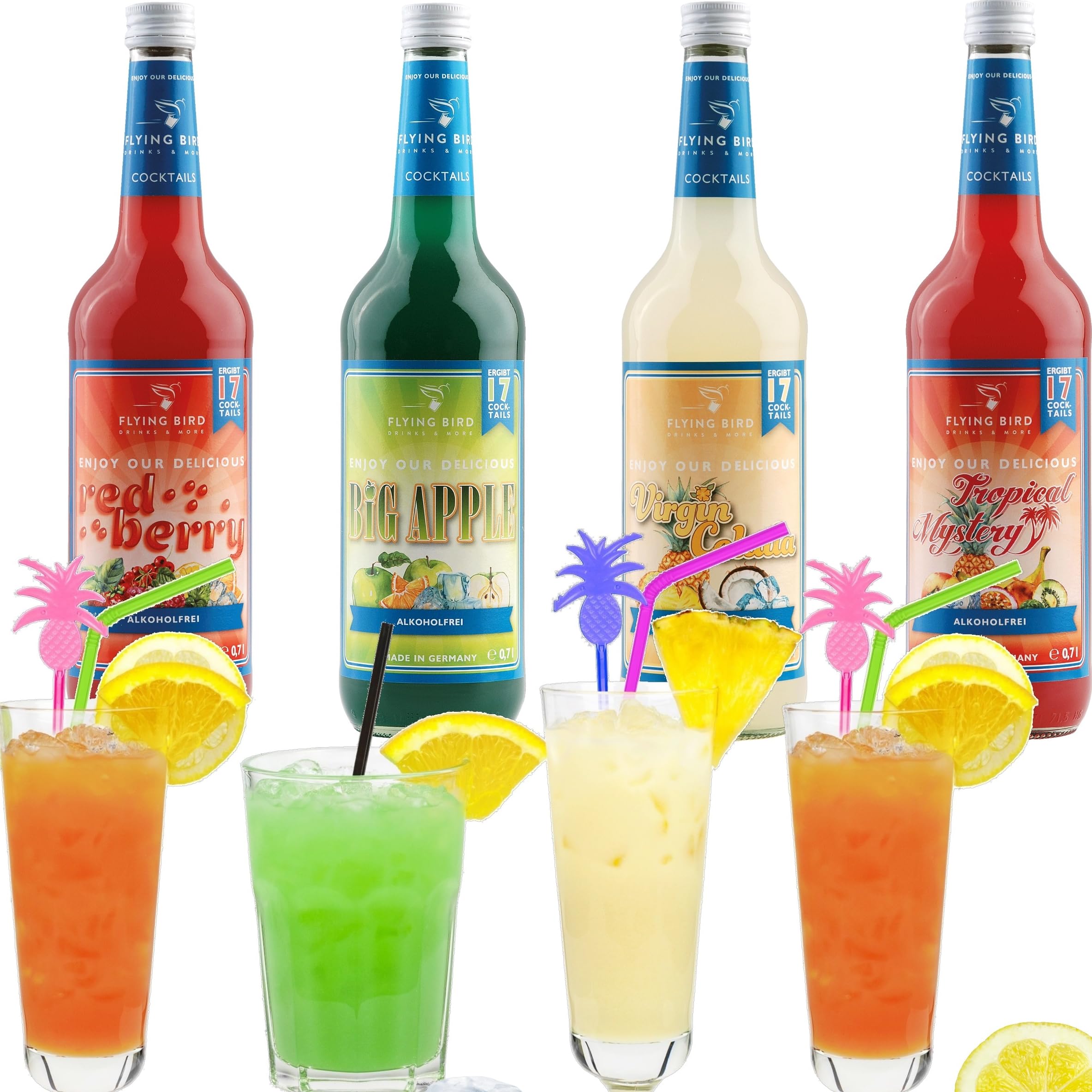 Mixpaket für 68 alkoholfreie Cocktails | 4 Flaschen 0,7l Premix mit allen Zutaten | Einfach Saft auffüllen, fertig
