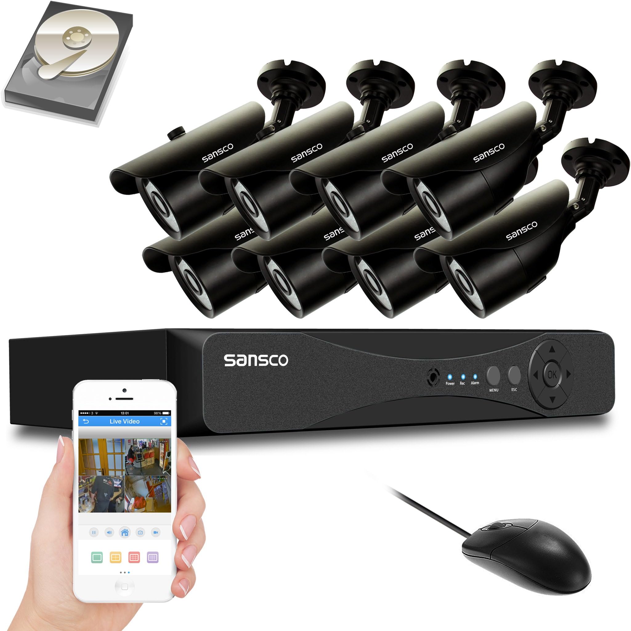 SANSCO 8 Channel 1080P CCTV DVR Recorder Camera System w/ 8x 2.0MP HD Outdoor Vandal-Proof Bullet Cam, Superb Night Vision, Waterproof Casing, P2P Remote Monitoring, HDMI Output, 2TB HDD Preinstalled