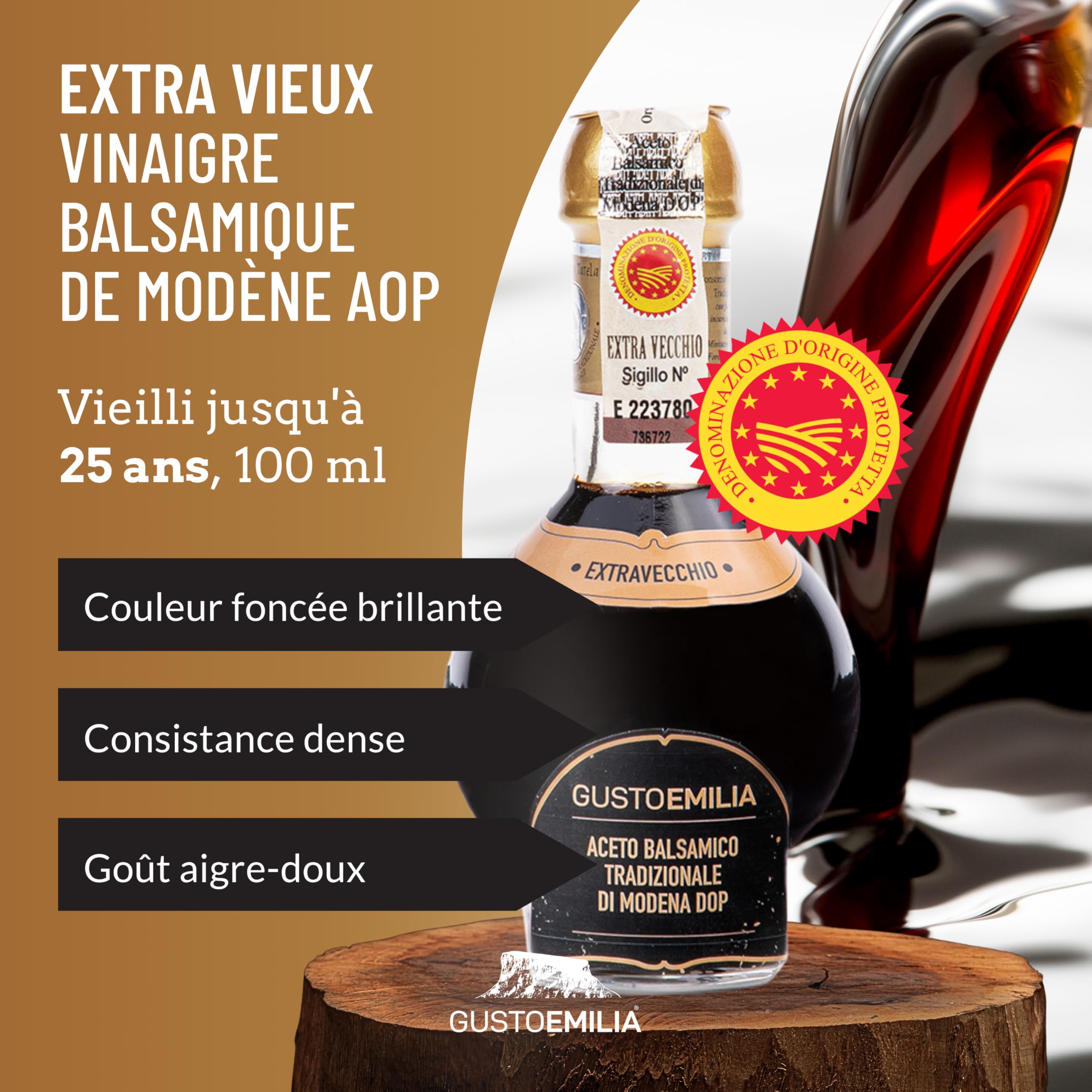 GUSTOEMILIA Vinaigre Balsamique Extra Vieilli 25 Ans de Modène IGP Italien - Accord Parfait avec le Parmigiano Reggiano Vieilli - Fabriqué en Italie 3,38 Fl Oz (100 ml)