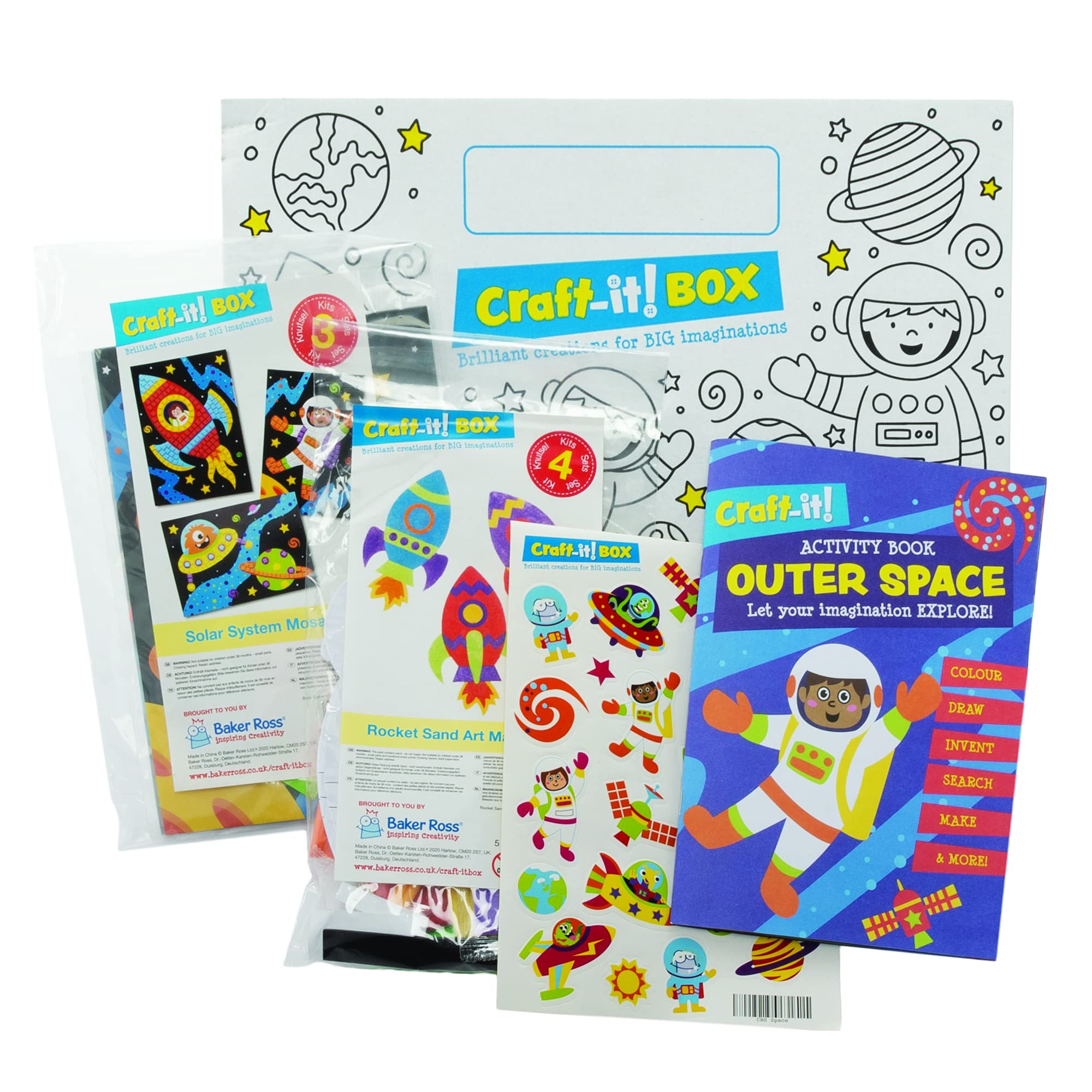 Baker Ross CBS003 Outer Space Kids Arts and Crafts Pack - Two Fun Creative Kits, Solar System Stickers and an Activity Book for Boys and Girls