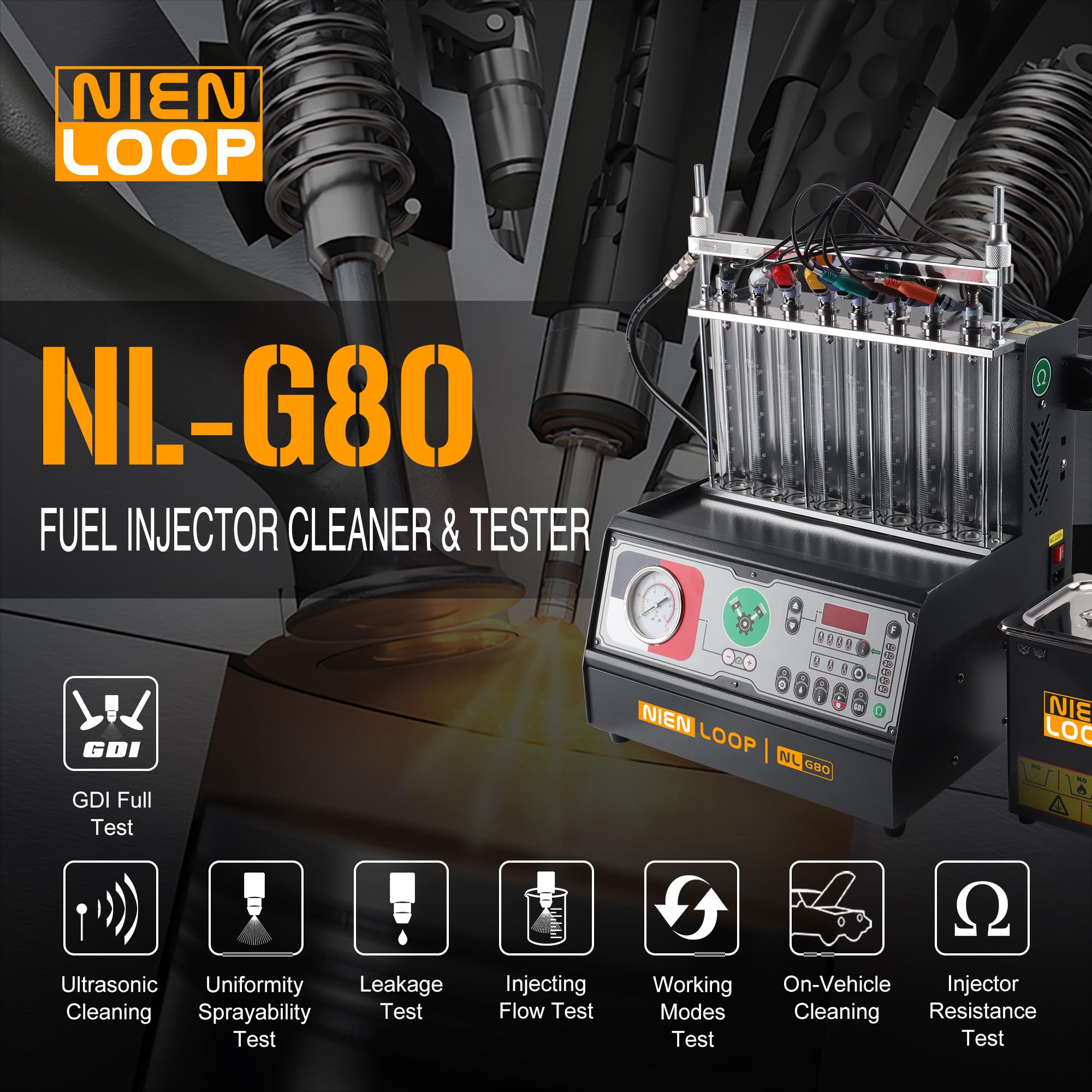 Nienloop GDI PFI EFI Fuel Injector Cleaner Machine Ultrasonic Cleaning Kit, Car 8 Cylinder Cleaning Machine Tester, 1600ml Ultrasonic Tank