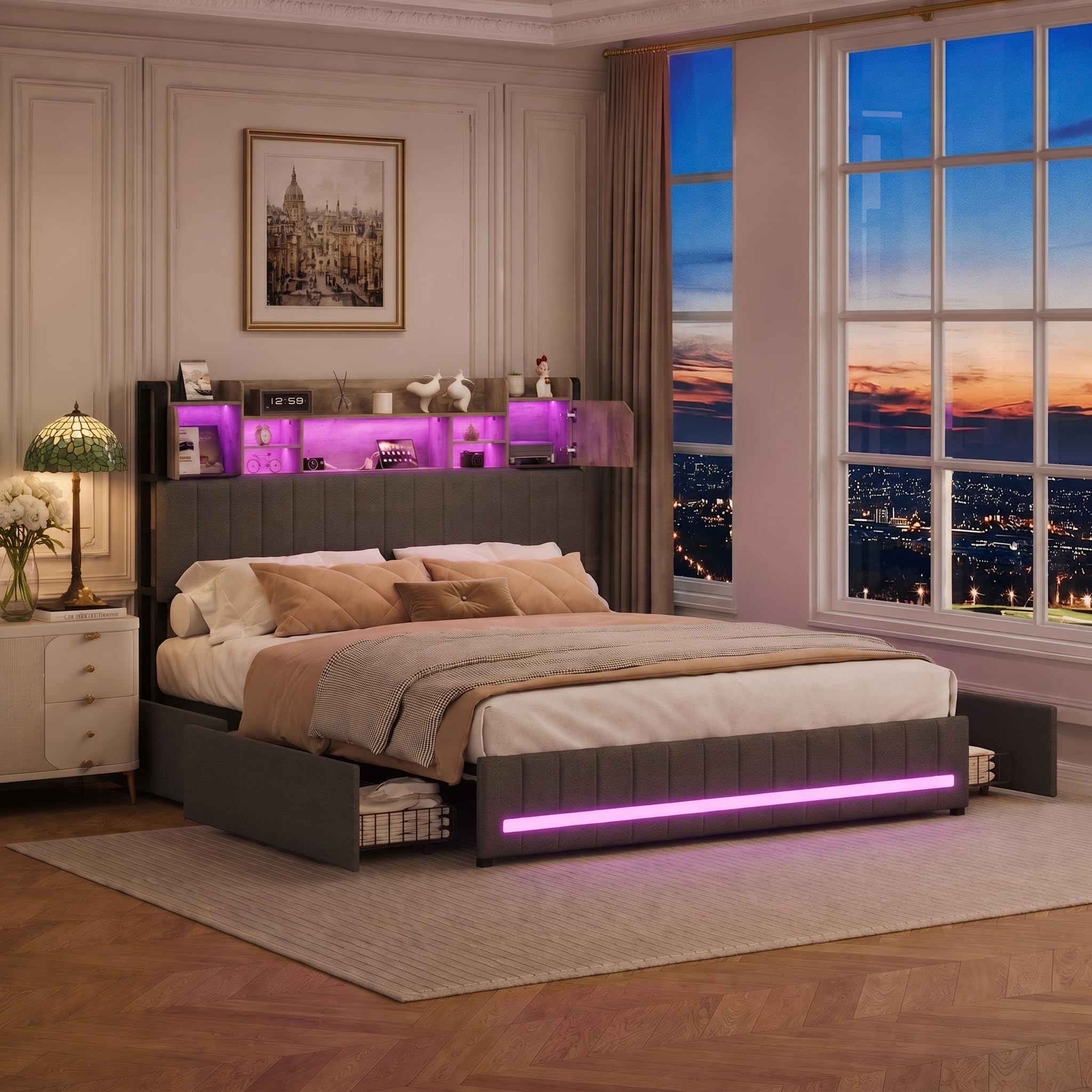 LONELYO Lit Coffre 160x200 avec Sommier LED et USB, Tête de Lit Capitonnée en Bois, Cadre en Lin Moderne, 4 Tiroirs Coulissants, Gris