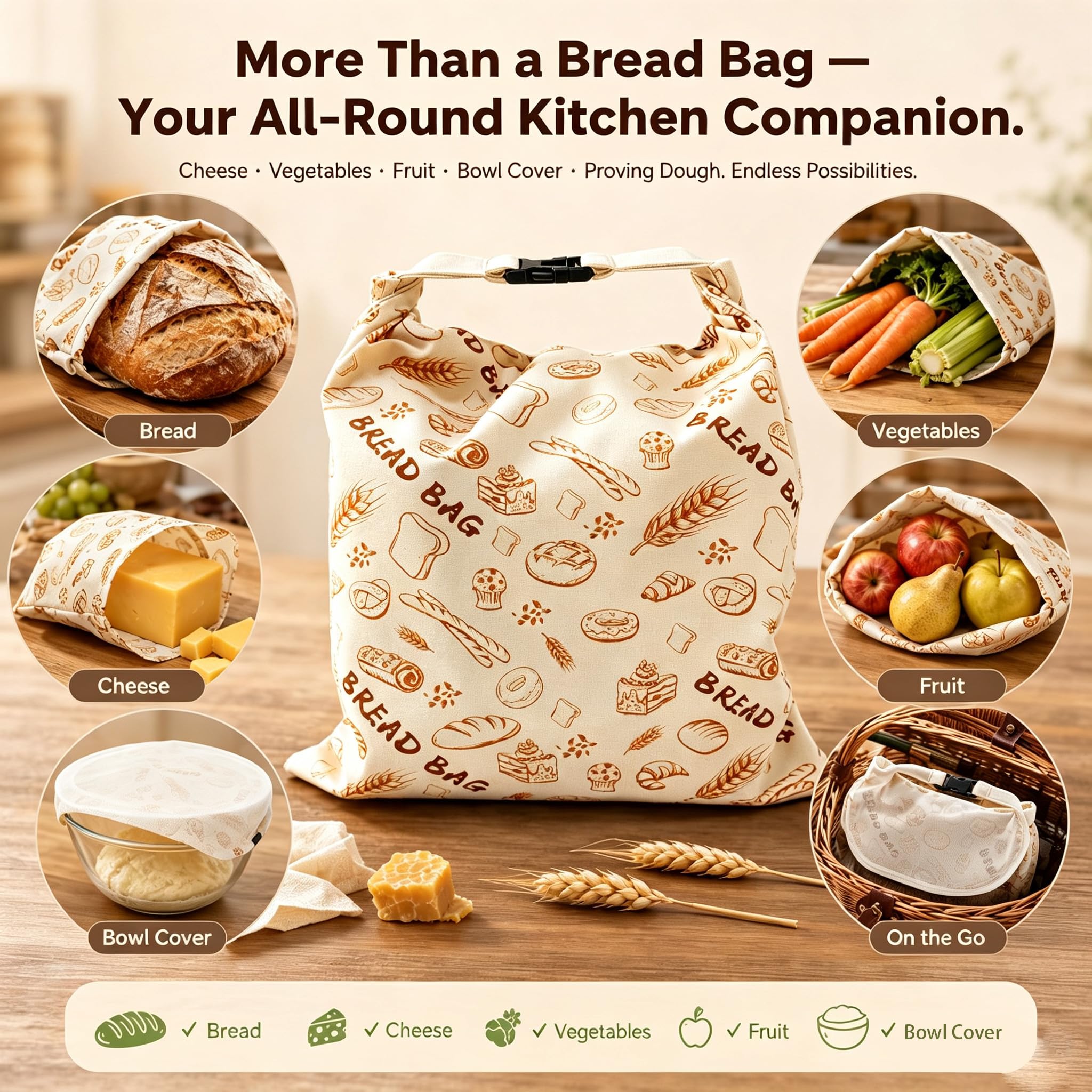 Sacchetti per pane in cera d'api riutilizzabili in cotone biologico per pane fatto in casa, 43 x 33 cm, in cera d'api naturale, ecologici, di grandi dimensioni, con cerniera, per pasta madre