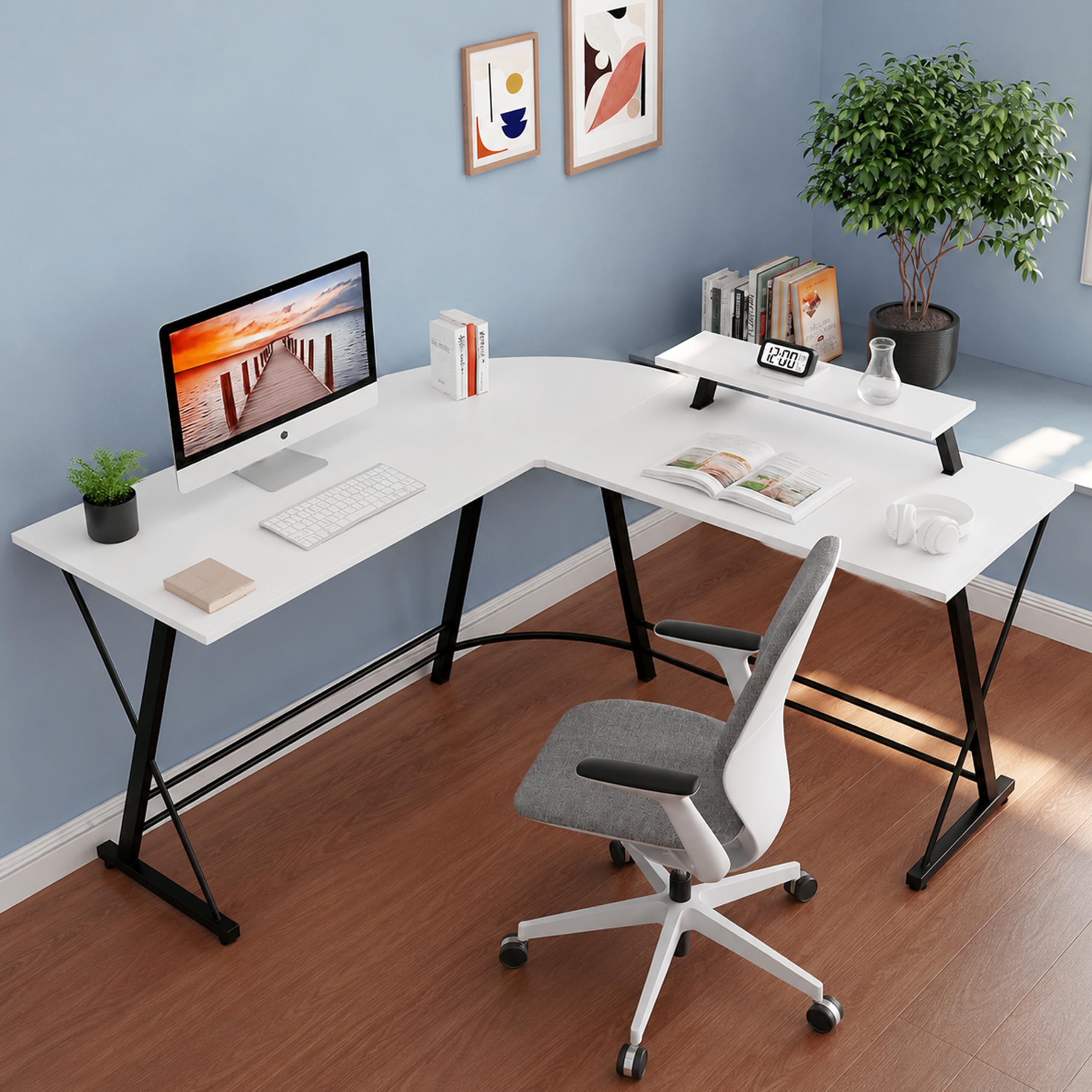 L-Shape Corner Desk |DIY Assembly| Monitor Raising Shelf | Engineered Wood & Sturdy Steel Leg|Perfect for Office Home Gaming Study Desk Computer Table|L(130+130)*45 * 77cm|White-image-25