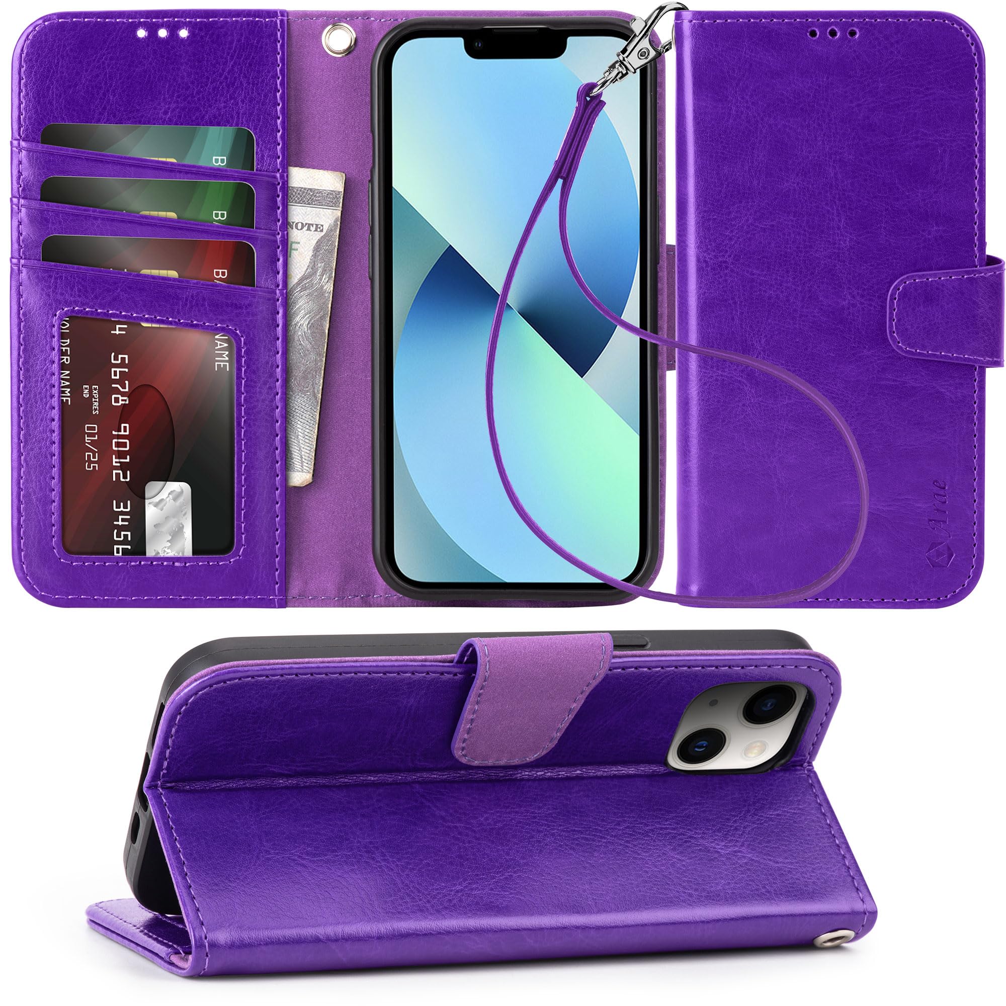 arae compatible with iphone 13 case with card holder and wrist strap wallet flip cover for iphone 13 6.1 inch,purple