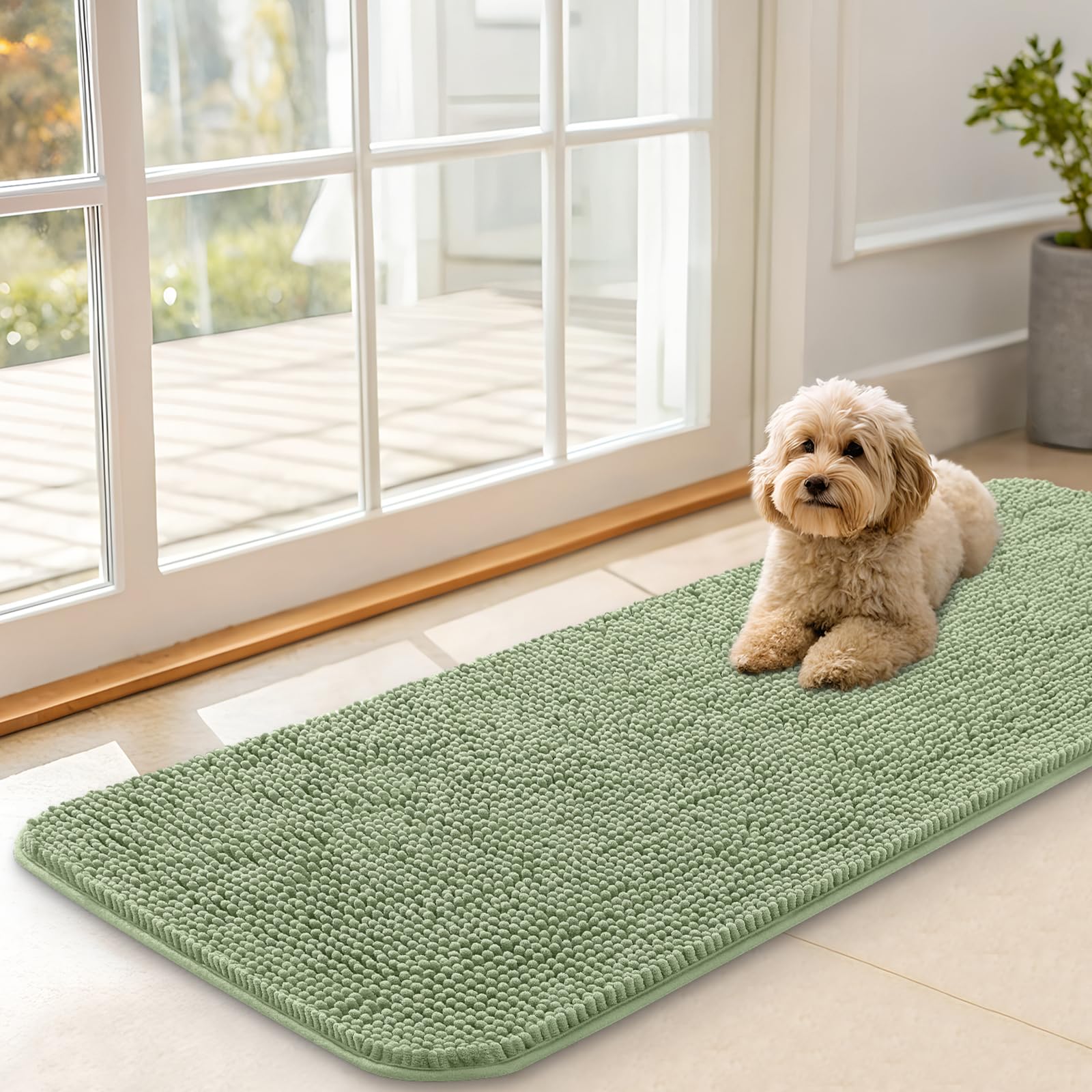 OLANLY Dog Door Mat for Muddy Paws 47x17, Absorbs Moisture and Dirt, Absorbent Non-Slip Washable Doormat, Quick Dry Chenille Mud Mat for Dogs, Entry