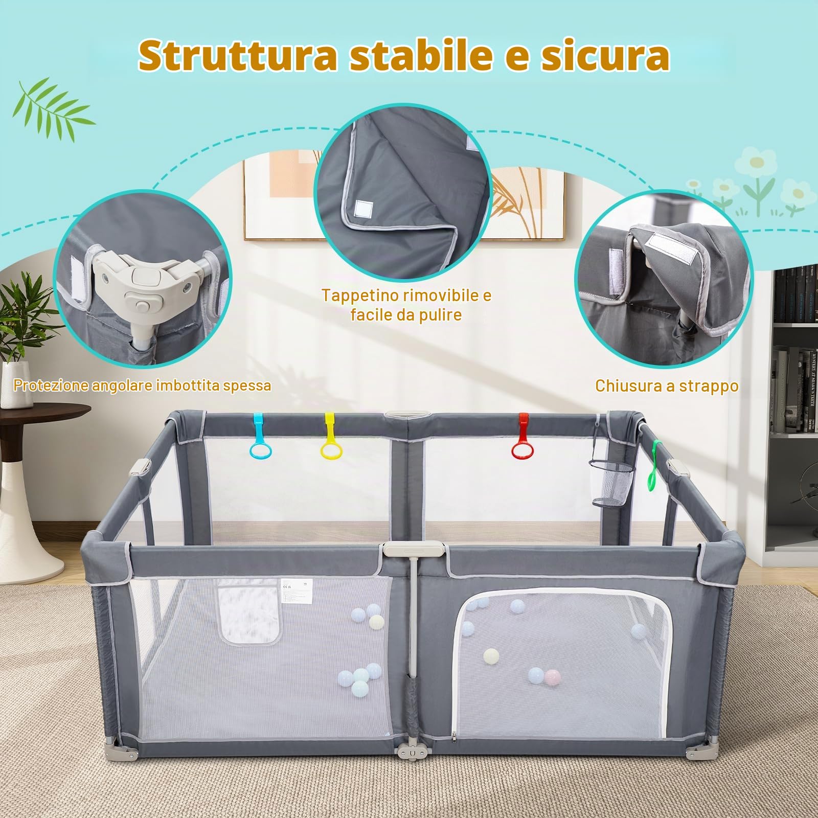 CHOLY Box pieghevole per bambini con tappetino, box per neonati e bambini | Parco giochi portatile con palline oceaniche, recinto per bambini con borsa da viaggio (grigio, 180 x 150 cm)