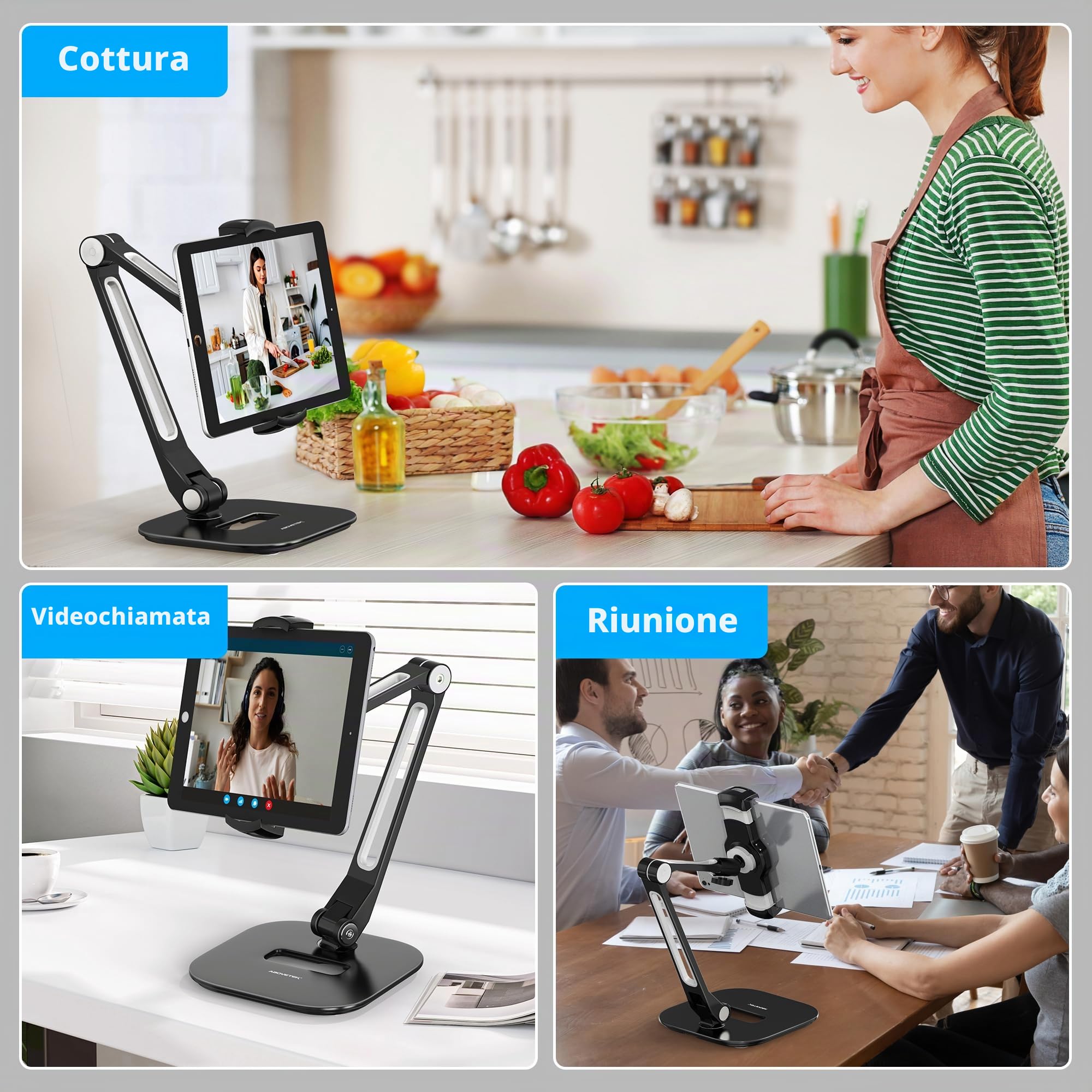 AboveTEK Supporto per Tablet in Alluminio, Con Rotazione a 360°, Compatibile con Tablet e Telefoni da 4 a 11 Pollici, Struttura Professionale e Robusta, Ideale per Negozi, Uffici e Showroom (Nero)