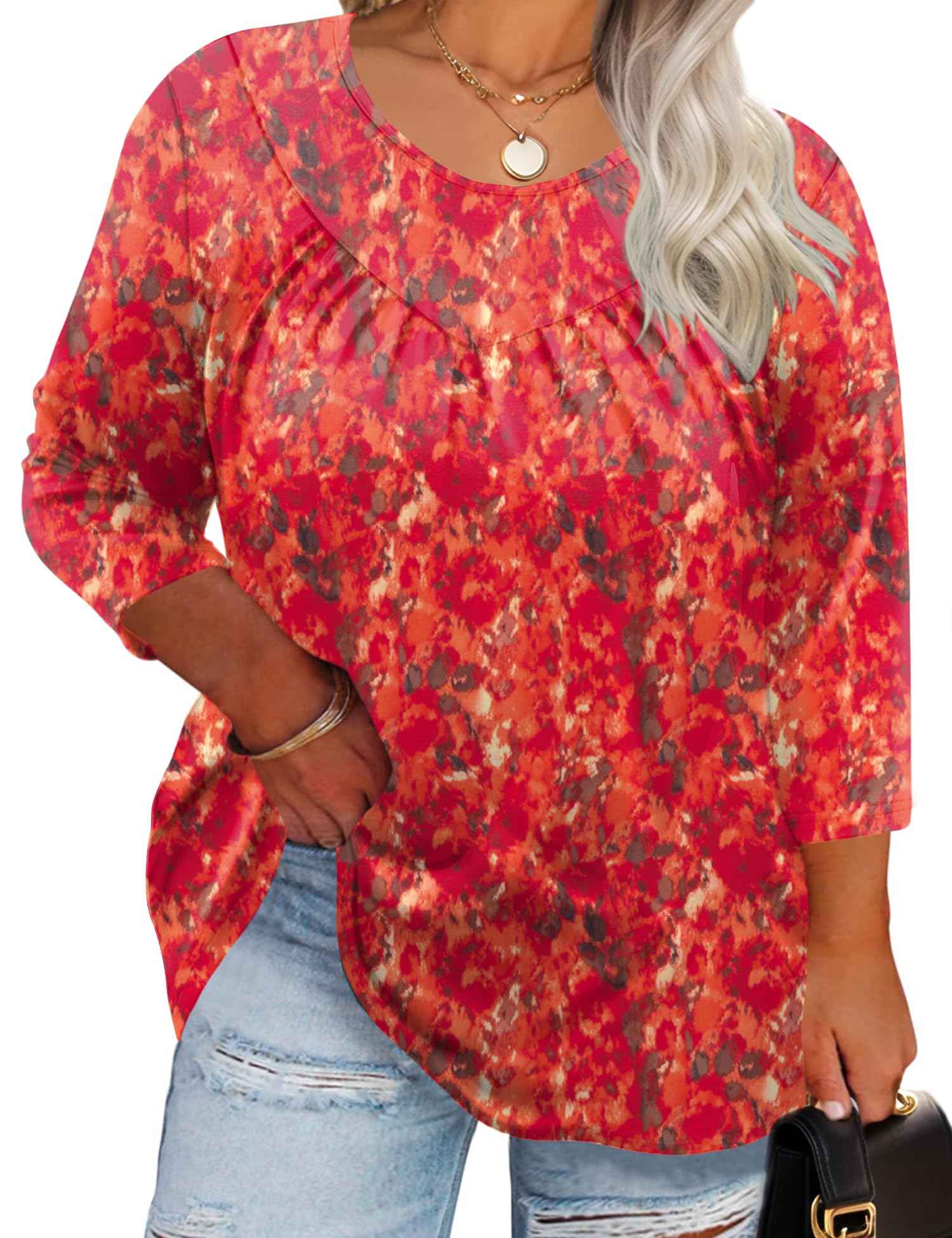 TFSDOD Womens Plus Size Tops 3/4 Length Sleeve Blouses Crew Neck Shirts Casual Loose Tunic Tops 1X-5X