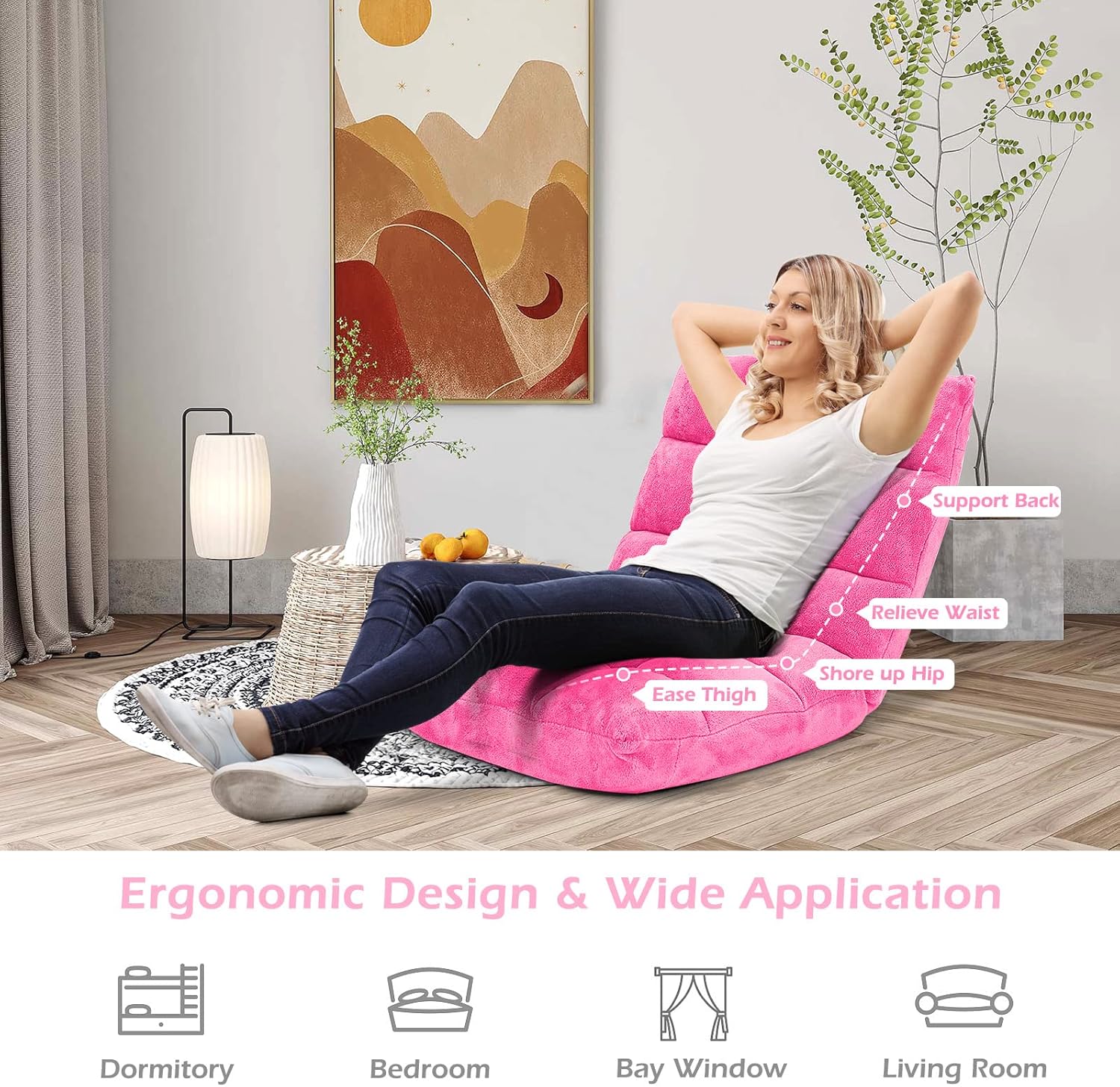 LDAILY 14-Position Floor Chair, Adjustable Gaming Chair with Strong Back Support, Padded Cushion, Folding Couch Recliner Sofa, Ideal for Floor Seating, Reading, Gaming(Pink)