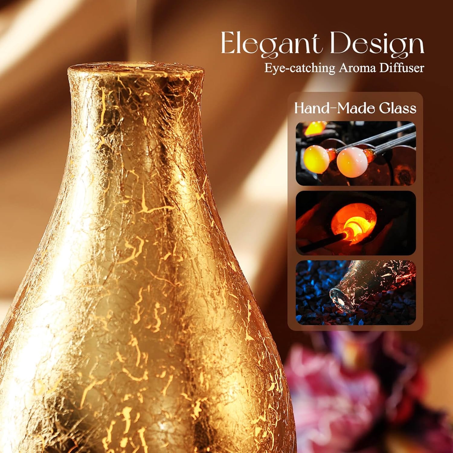 Porseme 100ml Gold-Plated Volcano Essential Oil Diffuser 3D Glass - Elegant and Effective Aromatherapy with 7 Color Changing LEDs and Waterless Auto-Off, BPA Free for Home Yoga Leisure SPA Gift