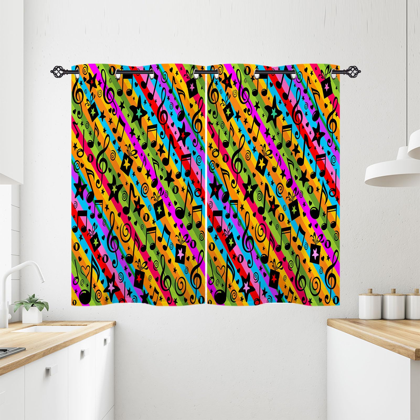 ANHOPE Colorful Music Curtains Eyelet Thermal Insulated Blackout Curtains Musical Notes Gift Box Stars Print Pattern Ring Top Drapes for Kids Girls Bedroom Living Room 28 x 54 Inch Drop 2 Panels