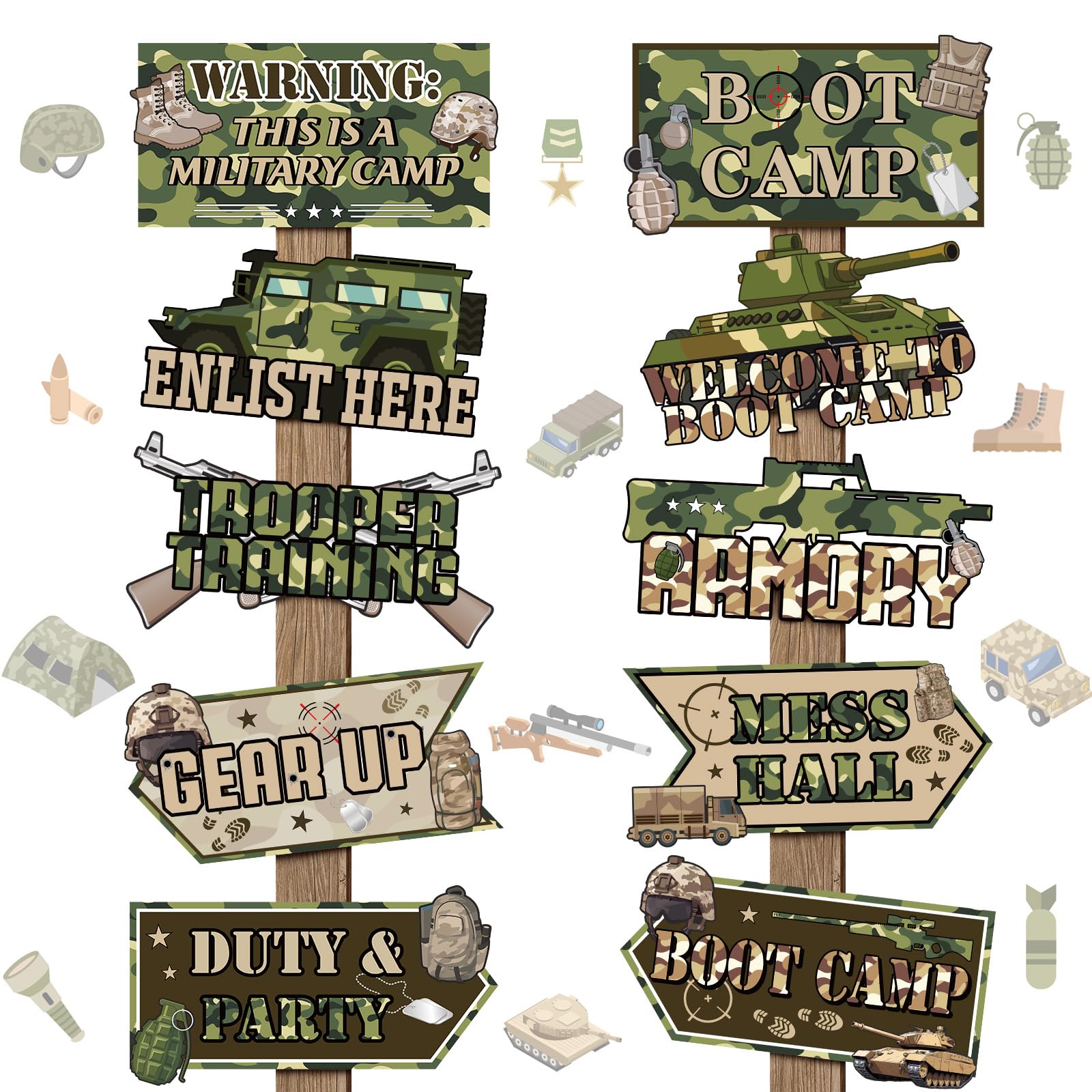Hooqict 20 Pieces Army Party Sign Camouflage Military Birthday Party Decorations Directional Signs for Boys Men Camo Army Retirement Decorations Welcome to Boot Camp Party Supplies