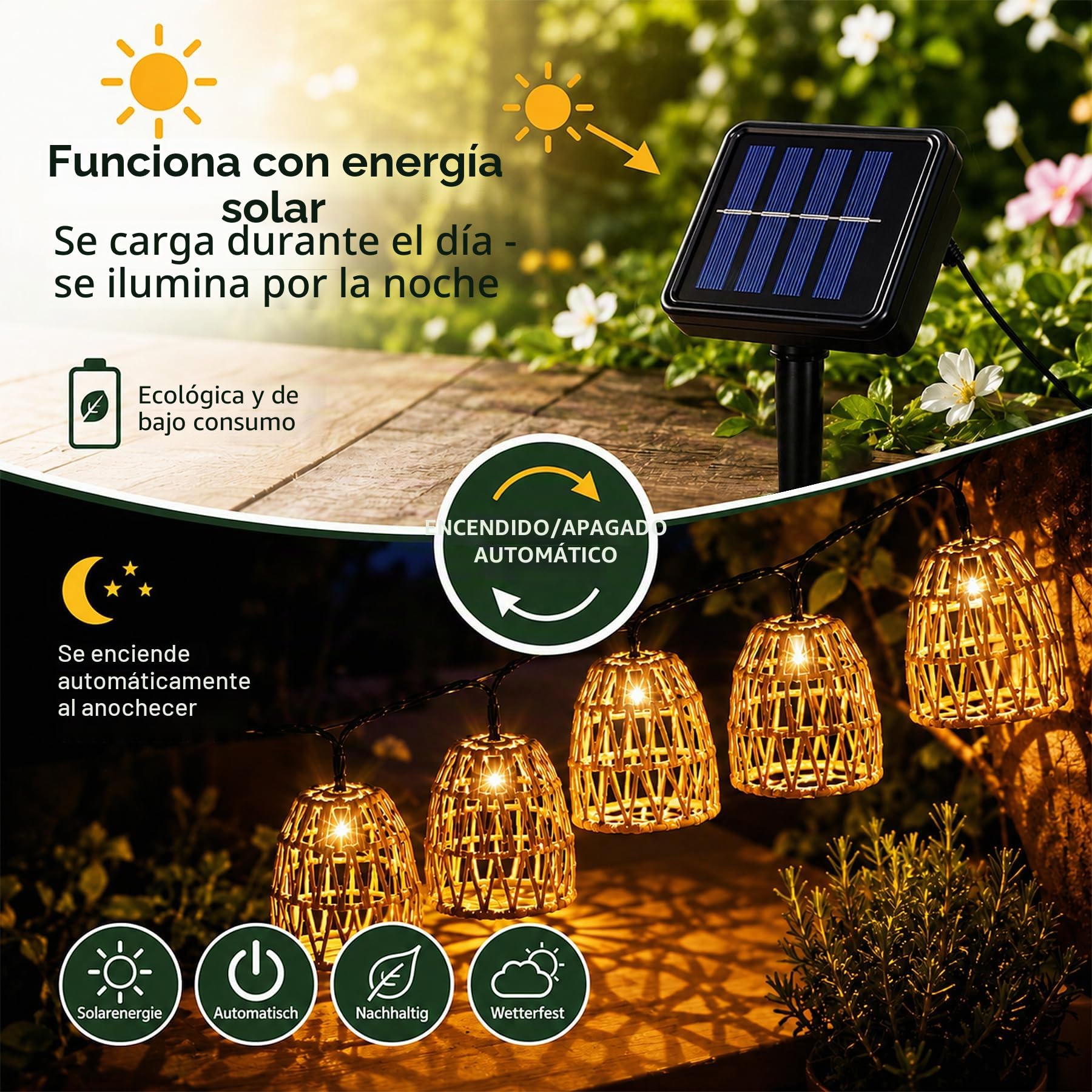Shengruili Guirnaldas Luces Exterior Solar 10 LED,Cadena de luces solares para exteriores,Cadena de luces LED solares de ratán,Cordel De Luz para Decorar Jardines,Patios,Terrazas,Fiestas