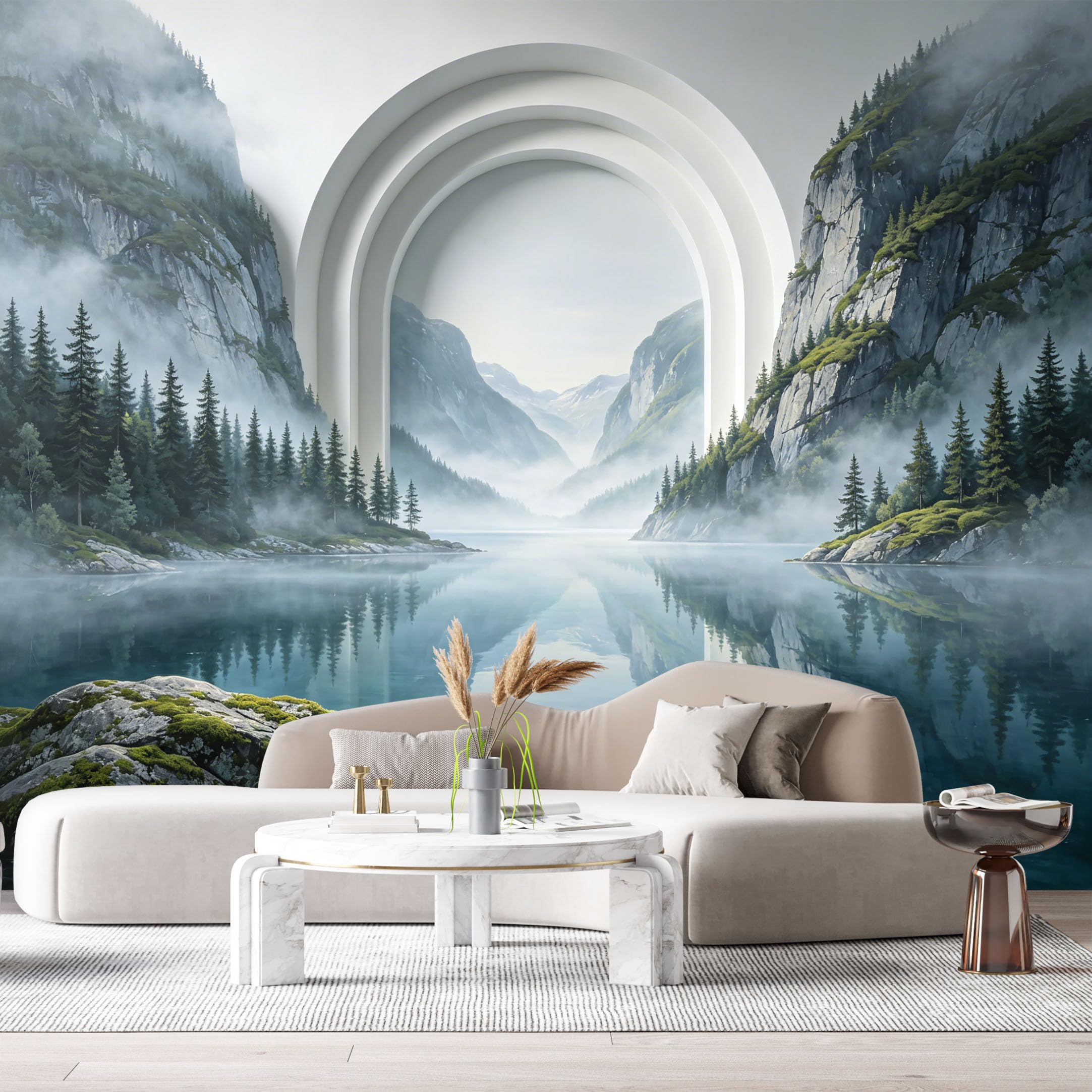 Custom Size Wall Murals Misty Mountain Lake Archway 3D Trompe L'Oeil SelfAdhesiveWall Fabric Removable Wallpaper Wall Decor for Living Room Bedroom Bathroom