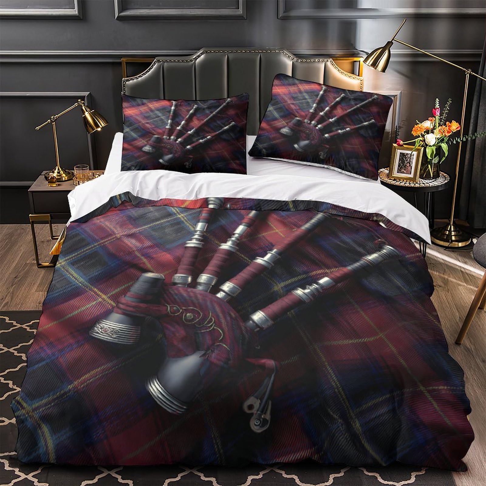 cornemuses écossaises Impression 3D 3 pièces Housse de lit Instrument Celtique Traditionnel Housse de Couette Microfibre Doux Respirant pour garçons Adolescents Femmes Double（200x200cm）