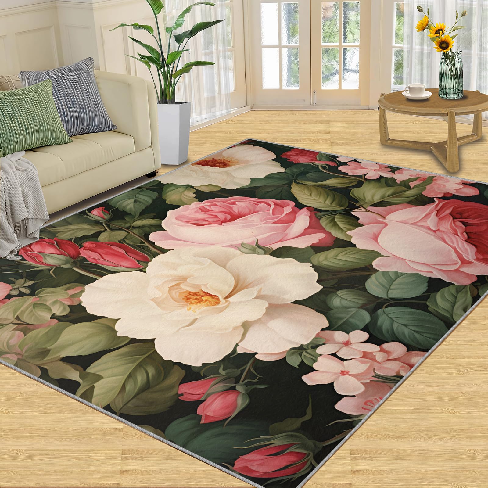 Amazon.com: 6x9 Rug - Pink Rose Rug, Pink Green Floral Botanical