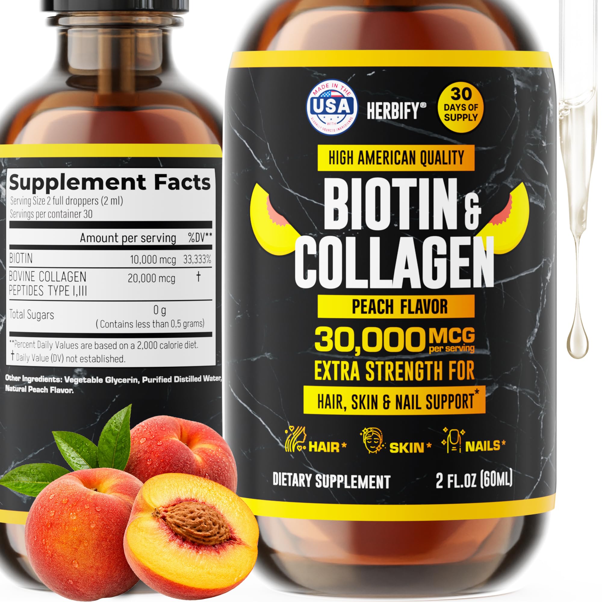 HERBIFY Liquid Biotin and Collagen Drops for Women & Men, 30 Days of Supply - Support Hair, Skin & Nails - Liquid Collagen for Women, Peach Flavor - 2 FL Oz Made in USA 2 FL Oz Peach