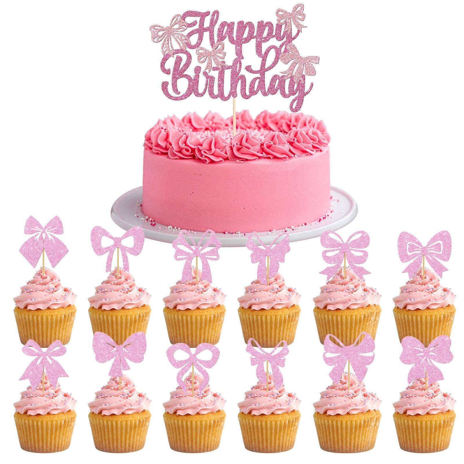 13 Pieces Of Bow Card Insert, Birthday Cake Plug-In, Party Decorations, Shiny Dessert Card Insert.