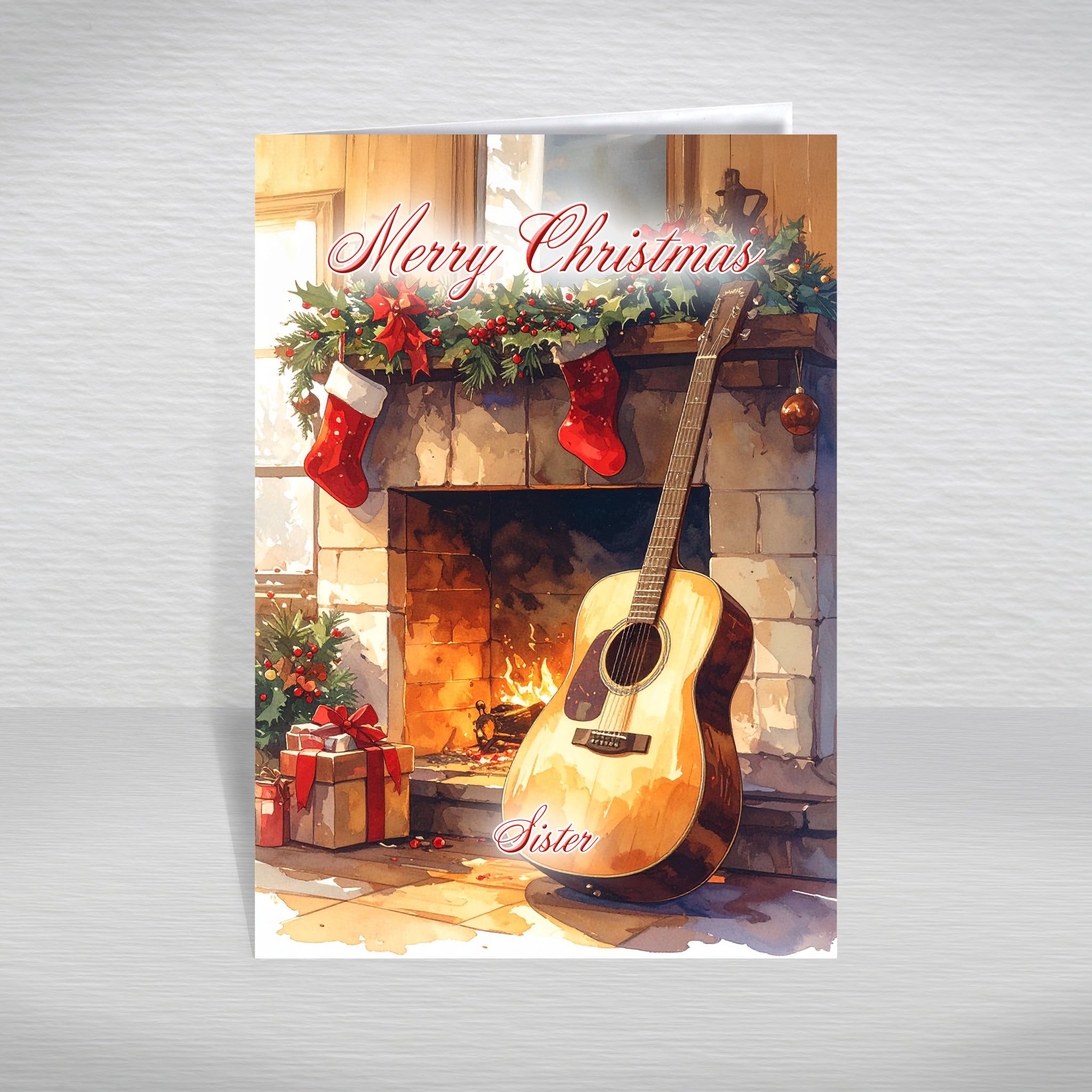 Christmas Card for Sister – Acoustic Guitar by Fireplace Cosy Winter Scene for Musicians, A5 Deluxe Greeting Card with a Special Verse Inside: Sister Christmas Card