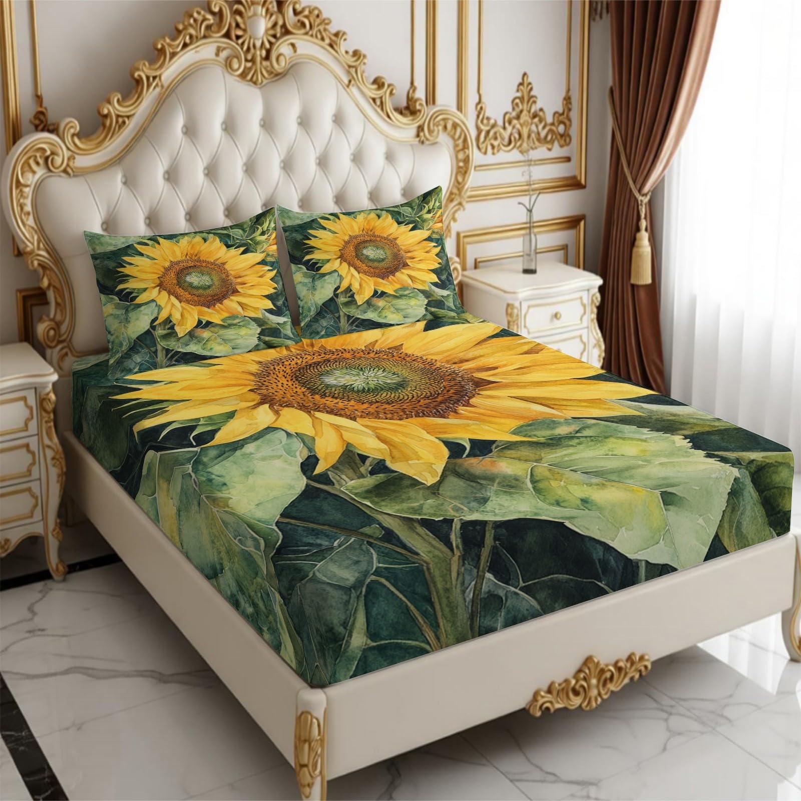 Lenzuolo con Angoli 180 x 200 cm Microfibra Girasole ad acquerello Lenzuolo Sotto Elasticizzato Profondo 25 cm giallo per Singolo e Matrimoniale