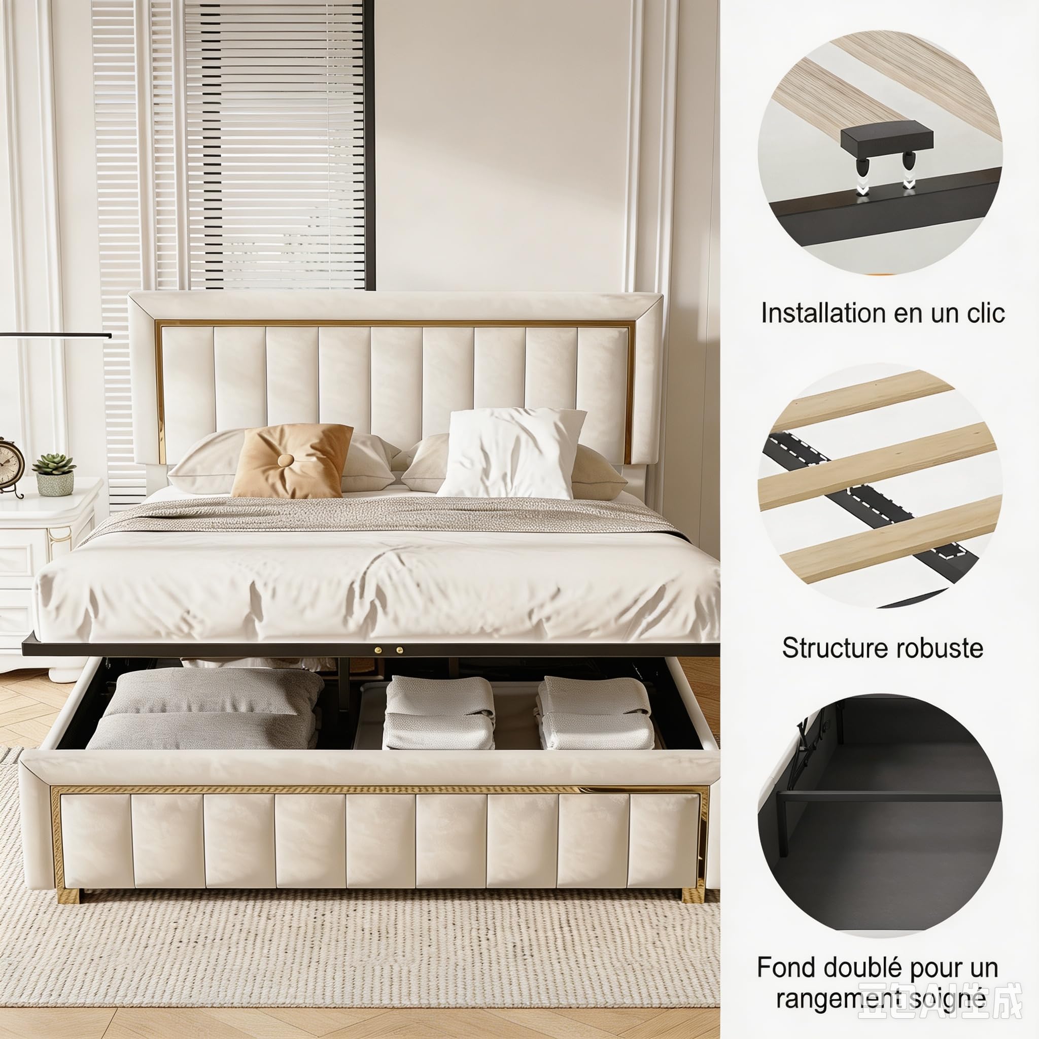 Letto matrimoniale 140x200, letto imbottito con vano contenitore, rete a doghe, struttura idraulica, dettagli dorati verticali, design elegante, beige (140x200 cm)