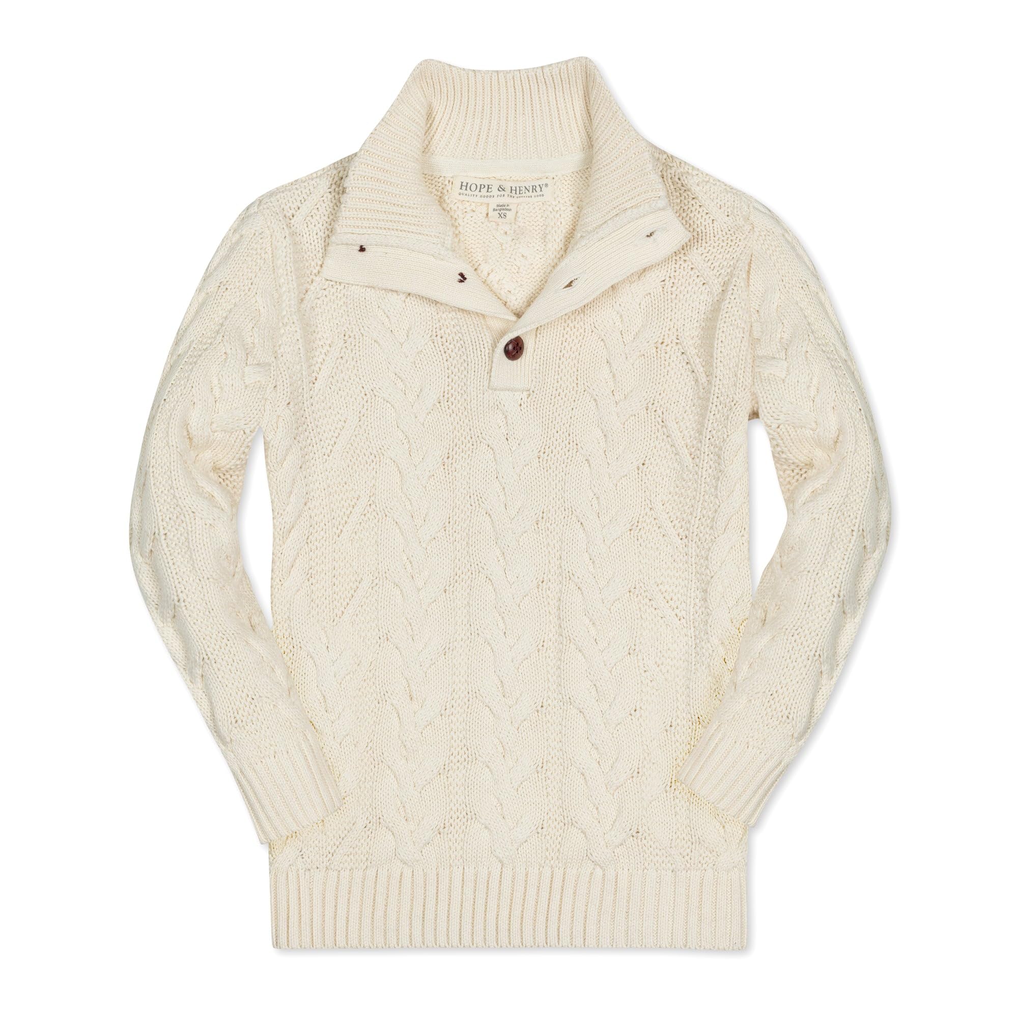 Hope &amp; Henry Boys' Mock Neck Cable Sweater with Button Placket | GOTS