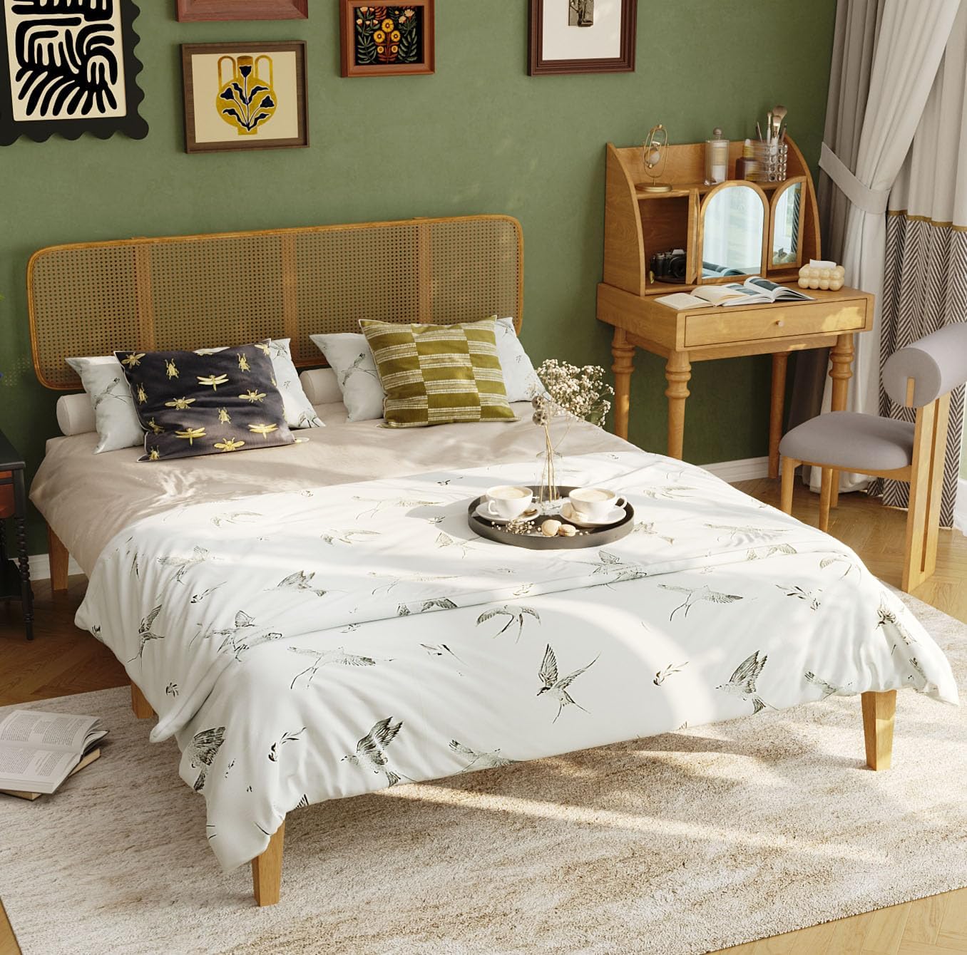 82.9" Queen Size Bed Frame, Tall Heavy Duty Platform Bed Queen Size, Bedframe No Box Spring Needed with Wood Frame, Plastic Rattan Headboard, 11 Wooden Legs for Bedroom, Natural